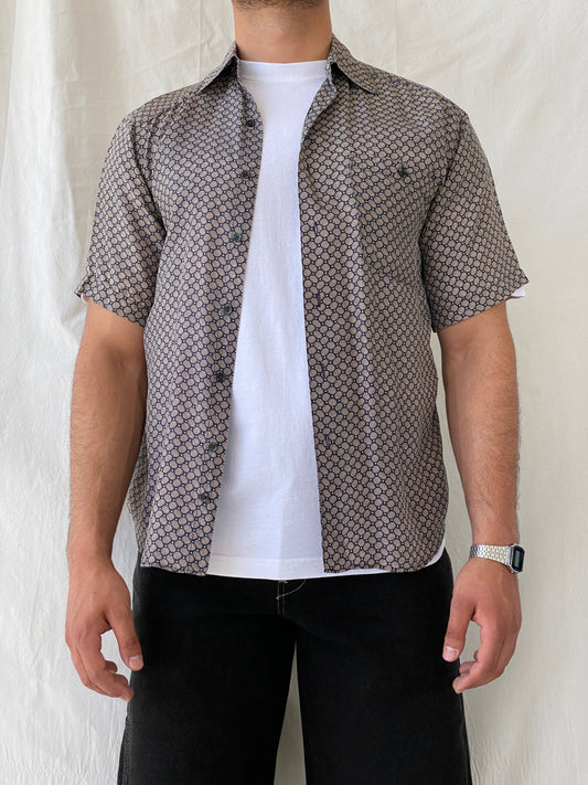 Vintage SILK UOMO by NAK Men’s Beige Navy Short Sleeve Silk Shirt - S - Balagan Vintage Half Sleeve Shirt 90s, half sleeve shirt, mens shirt, printed shirt, printed silk shirt, Ramez, silk, silk shirt