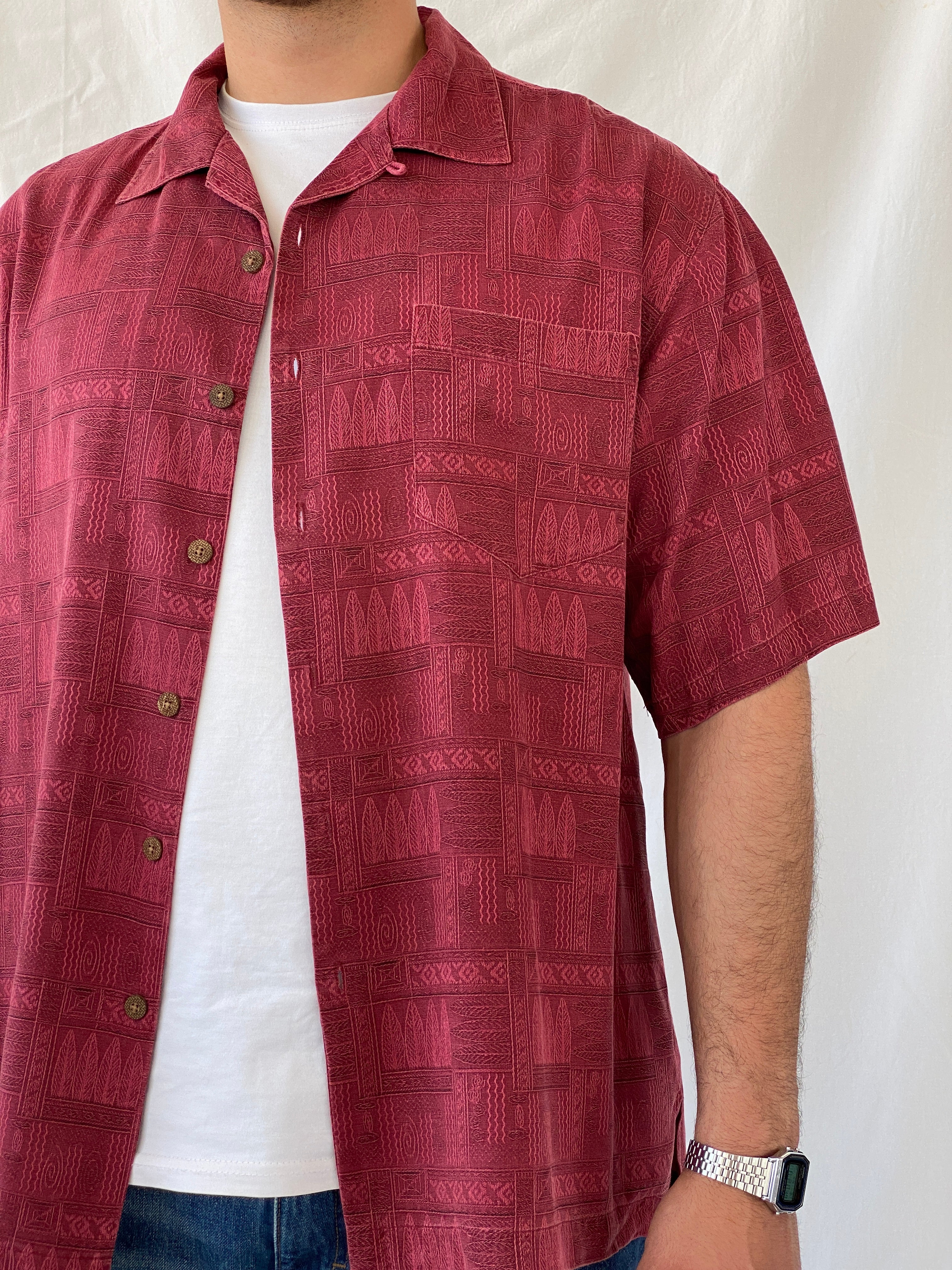 Vintage St. John’s Bay Men’s Short Sleeve Burgundy Hawaiian Silk Shirt - L - Balagan Vintage Half Sleeve Shirt 90s, half sleeve shirt, Hawaiian shirt, mens shirt, printed shirt, Ramez, silk, silk shirt