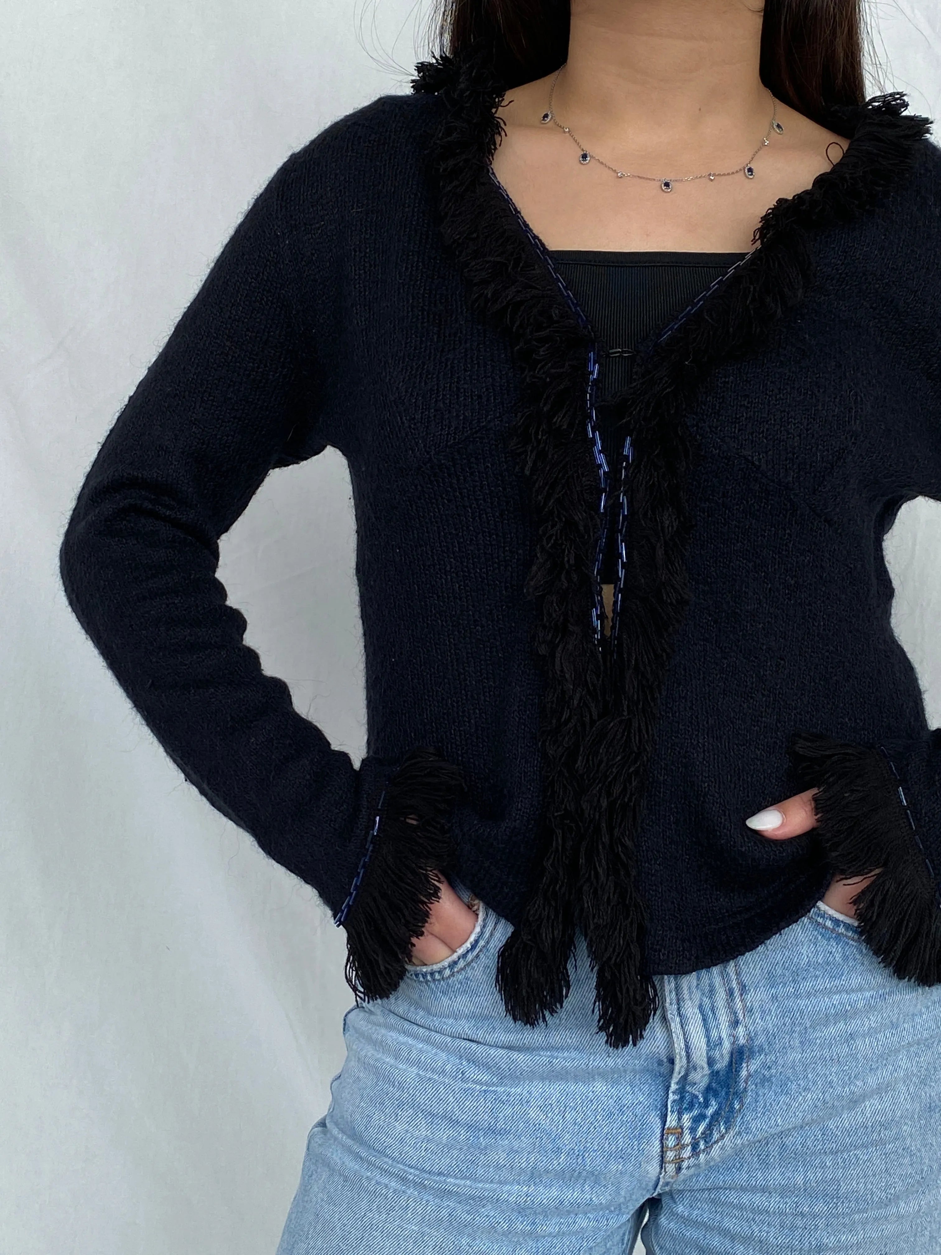 Vintage STENIA Sport Black Knit Beaded Cardigan with Fringed Collar - L - Balagan Vintage Cardigan 00s, cardigan, Fatima, knit, knitted cardigan, women top, wool