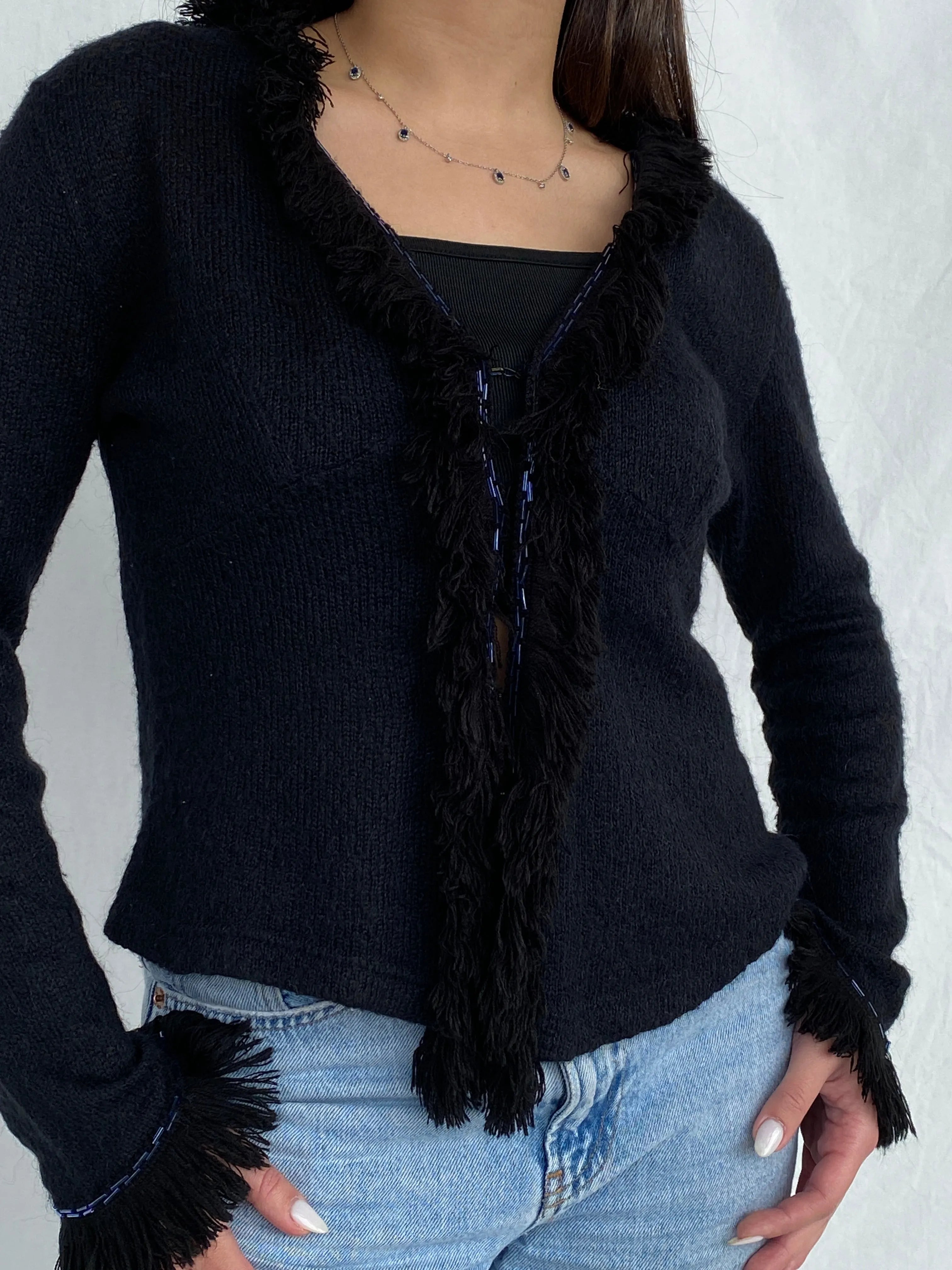 Vintage STENIA Sport Black Knit Beaded Cardigan with Fringed Collar - L - Balagan Vintage Cardigan 00s, cardigan, Fatima, knit, knitted cardigan, women top, wool