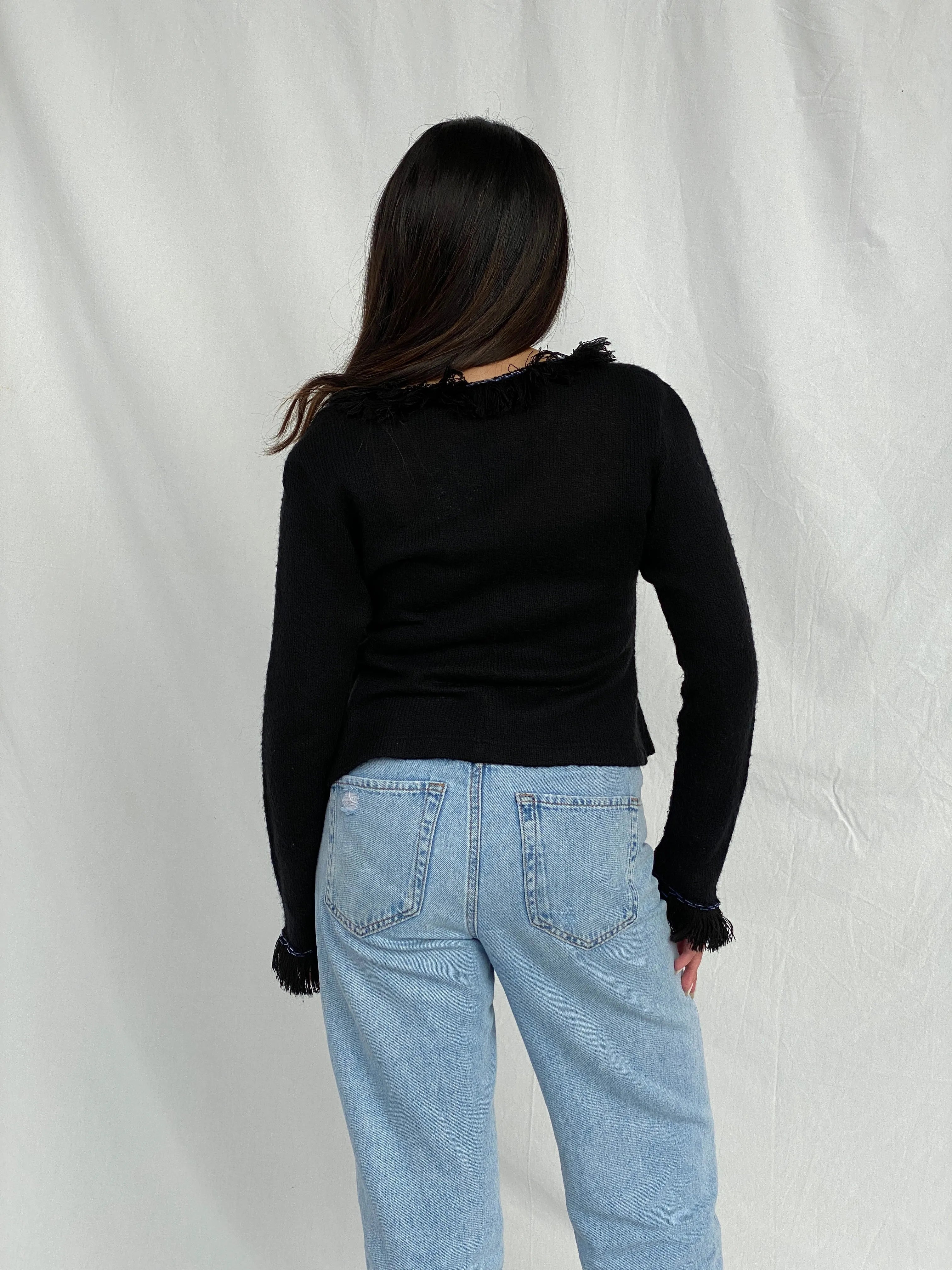 Vintage STENIA Sport Black Knit Beaded Cardigan with Fringed Collar - L - Balagan Vintage Cardigan 00s, cardigan, Fatima, knit, knitted cardigan, women top, wool
