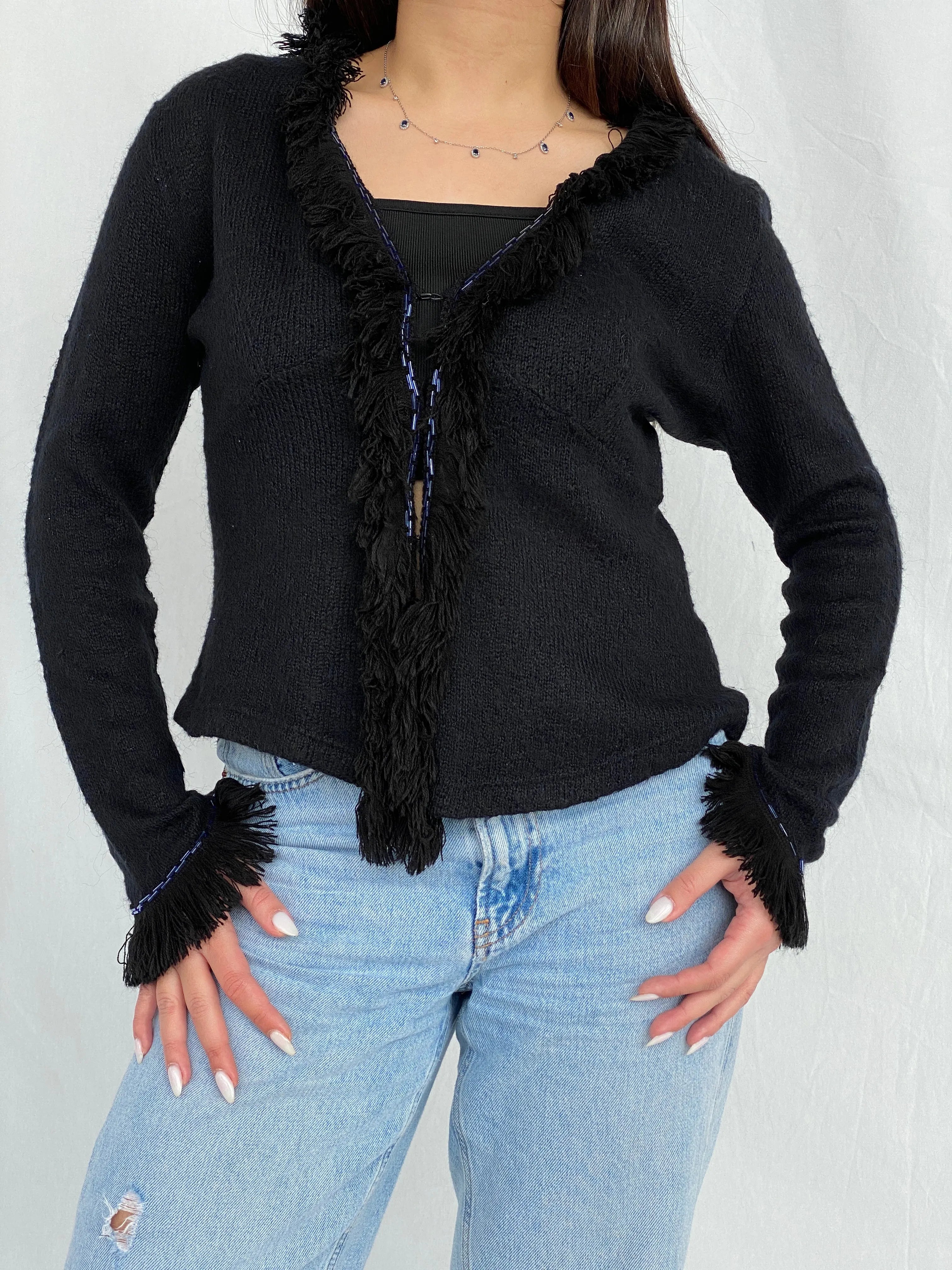 Vintage STENIA Sport Black Knit Beaded Cardigan with Fringed Collar - L - Balagan Vintage Cardigan 00s, cardigan, Fatima, knit, knitted cardigan, women top, wool