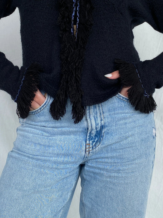 Vintage STENIA Sport Black Knit Beaded Cardigan with Fringed Collar - L - Balagan Vintage Cardigan 00s, cardigan, Fatima, knit, knitted cardigan, women top, wool