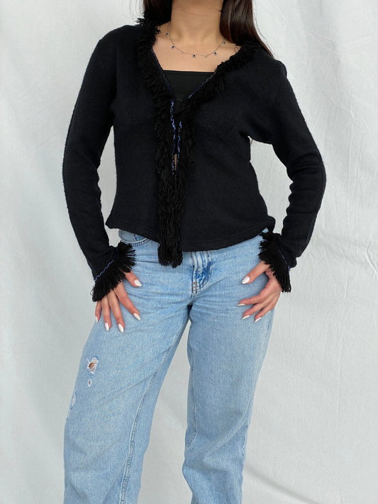 Vintage STENIA Sport Black Knit Beaded Cardigan with Fringed Collar - L - Balagan Vintage Cardigan 00s, cardigan, Fatima, knit, knitted cardigan, women top, wool