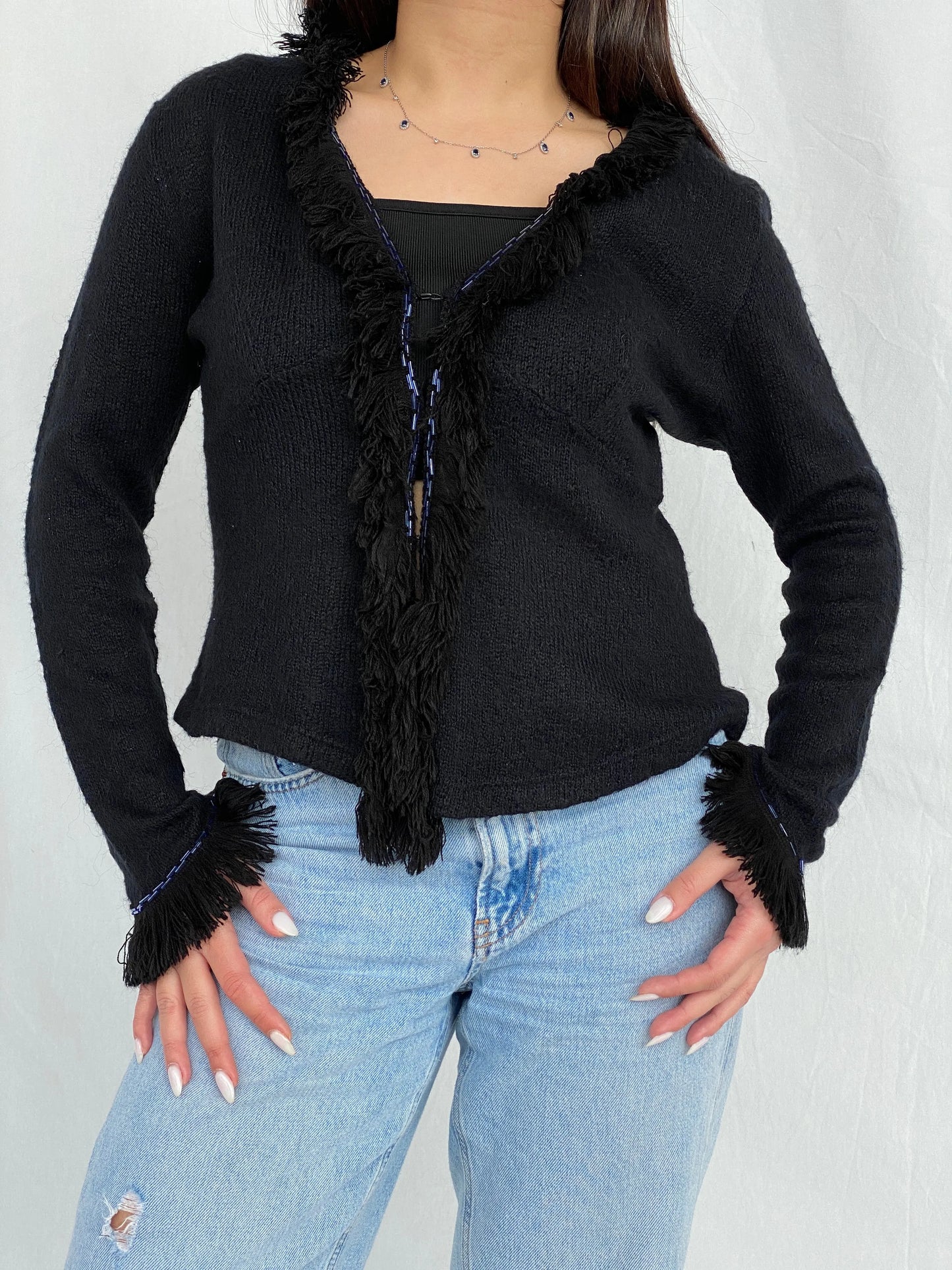 Vintage STENIA Sport Black Knit Beaded Cardigan with Fringed Collar - L - Balagan Vintage Cardigan 00s, cardigan, Fatima, knit, knitted cardigan, women top, wool