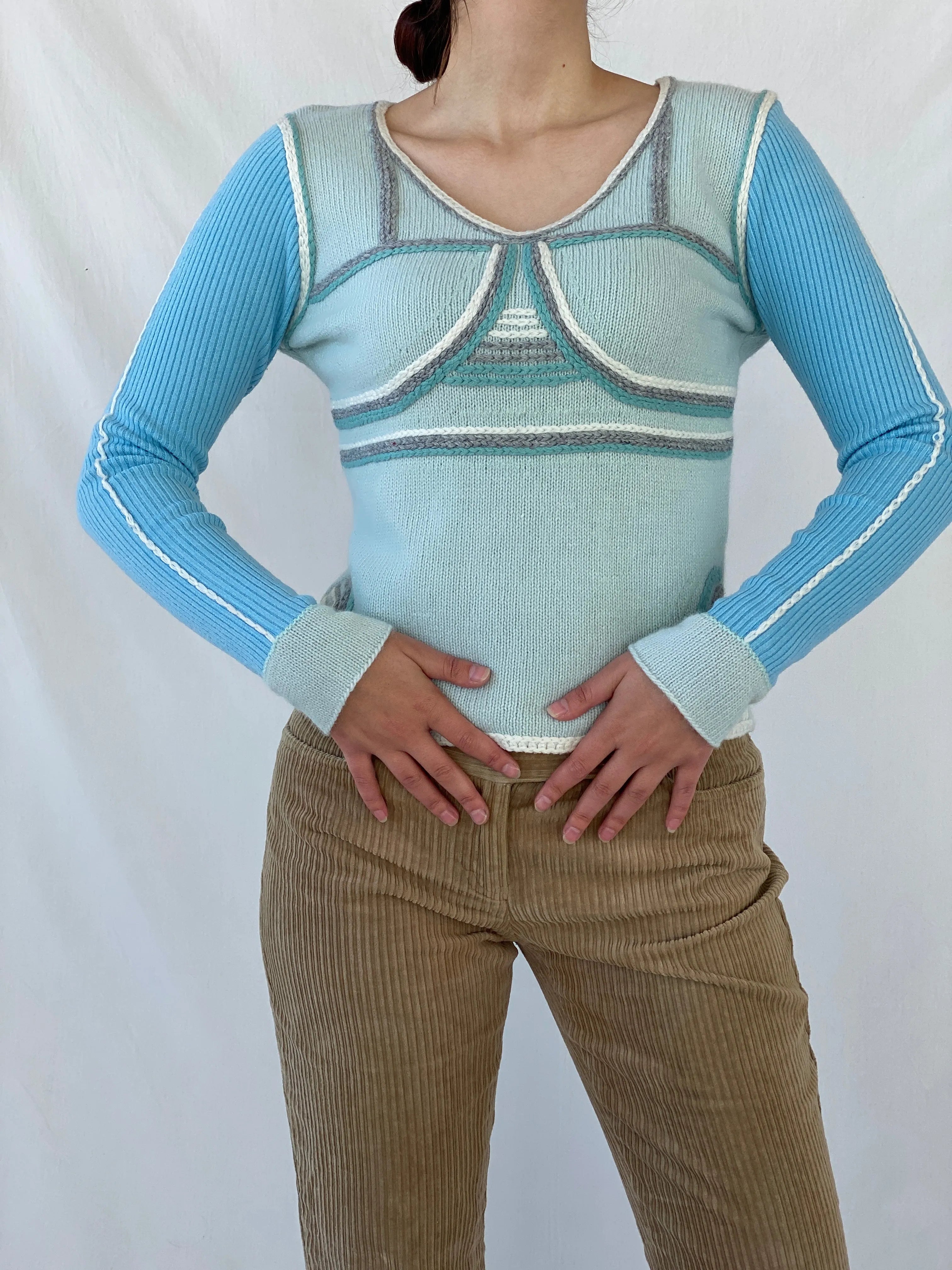 Vintage SUCHITA Rib Knit Pastel Blues Wool Long Sleeve Top - M - Balagan Vintage Full Sleeve Top 00s, 90s, Ayah, women top