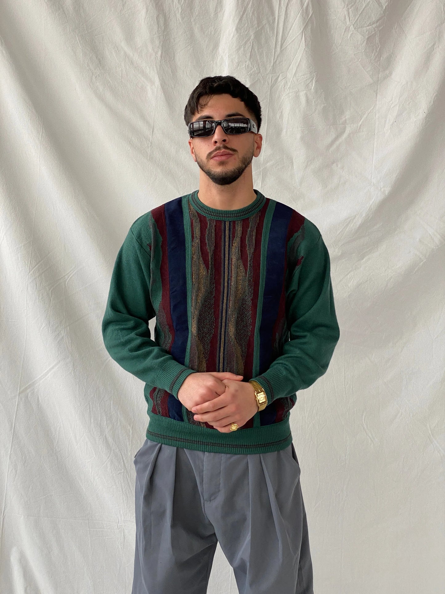 Vintage Summerland Men’s Green 3D Stripe Pattern Coogi-Style Crew Neck Knitted Sweater - M - Balagan Vintage Sweater 90s, Hamza, knit, knitted, knitted sweater, men, streetwear, vintage, vintage sweater, winter