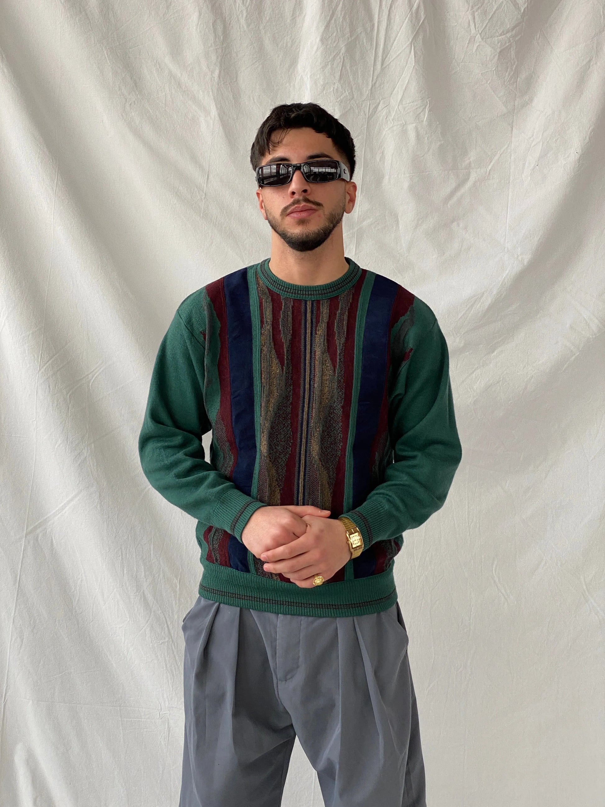 Vintage Summerland Men’s Green 3D Stripe Pattern Coogi-Style Crew Neck Knitted Sweater - M - Balagan Vintage Sweater 90s, Hamza, knit, knitted, knitted sweater, men, streetwear, vintage, vintage sweater, winter