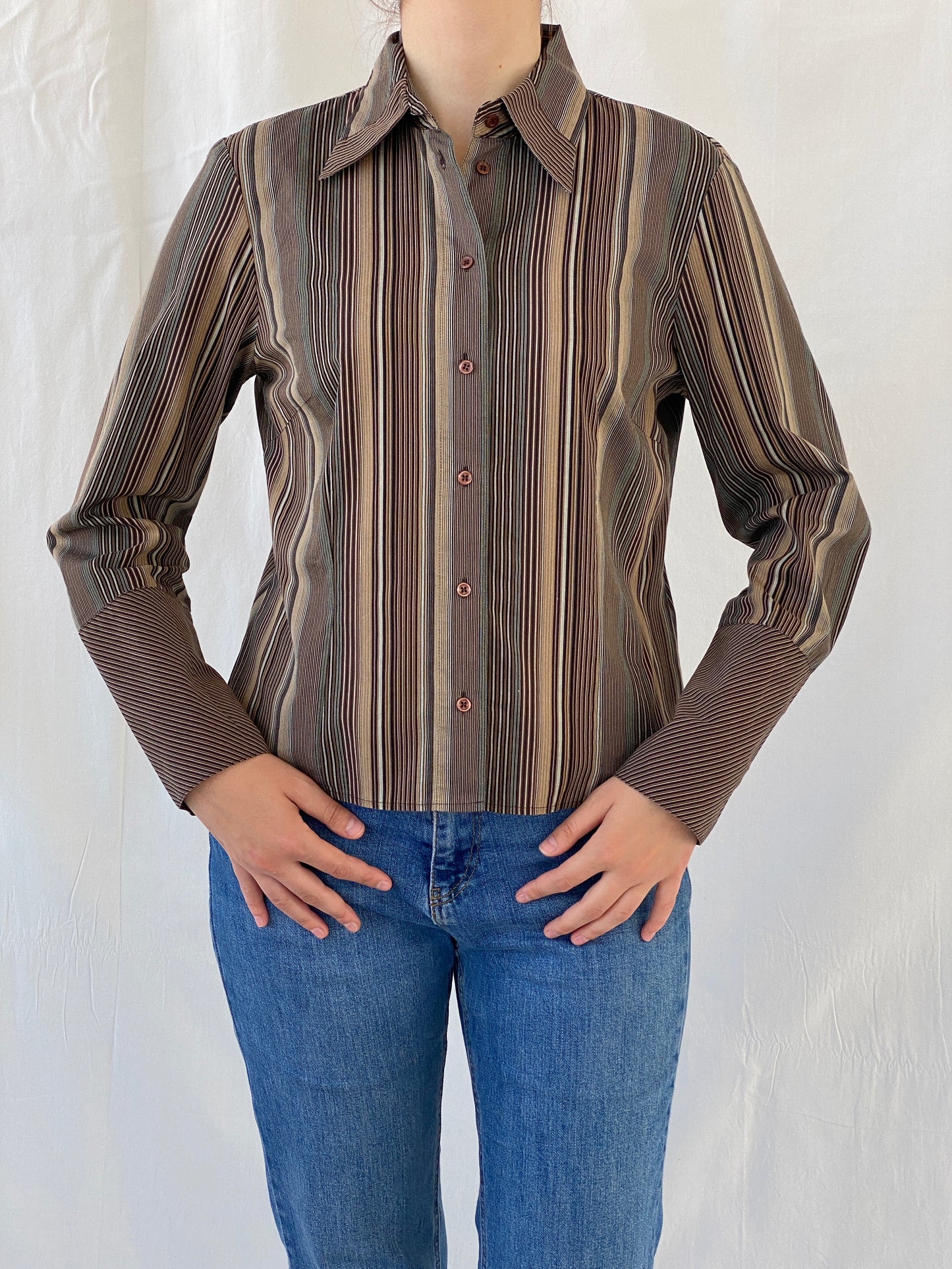 Vintage Taifun Collection Striped Brown Long Sleeve Office Shirt - M - Balagan Vintage Full Sleeve Shirt Ayah, full sleeve shirt, Office core, shirt, women shirt