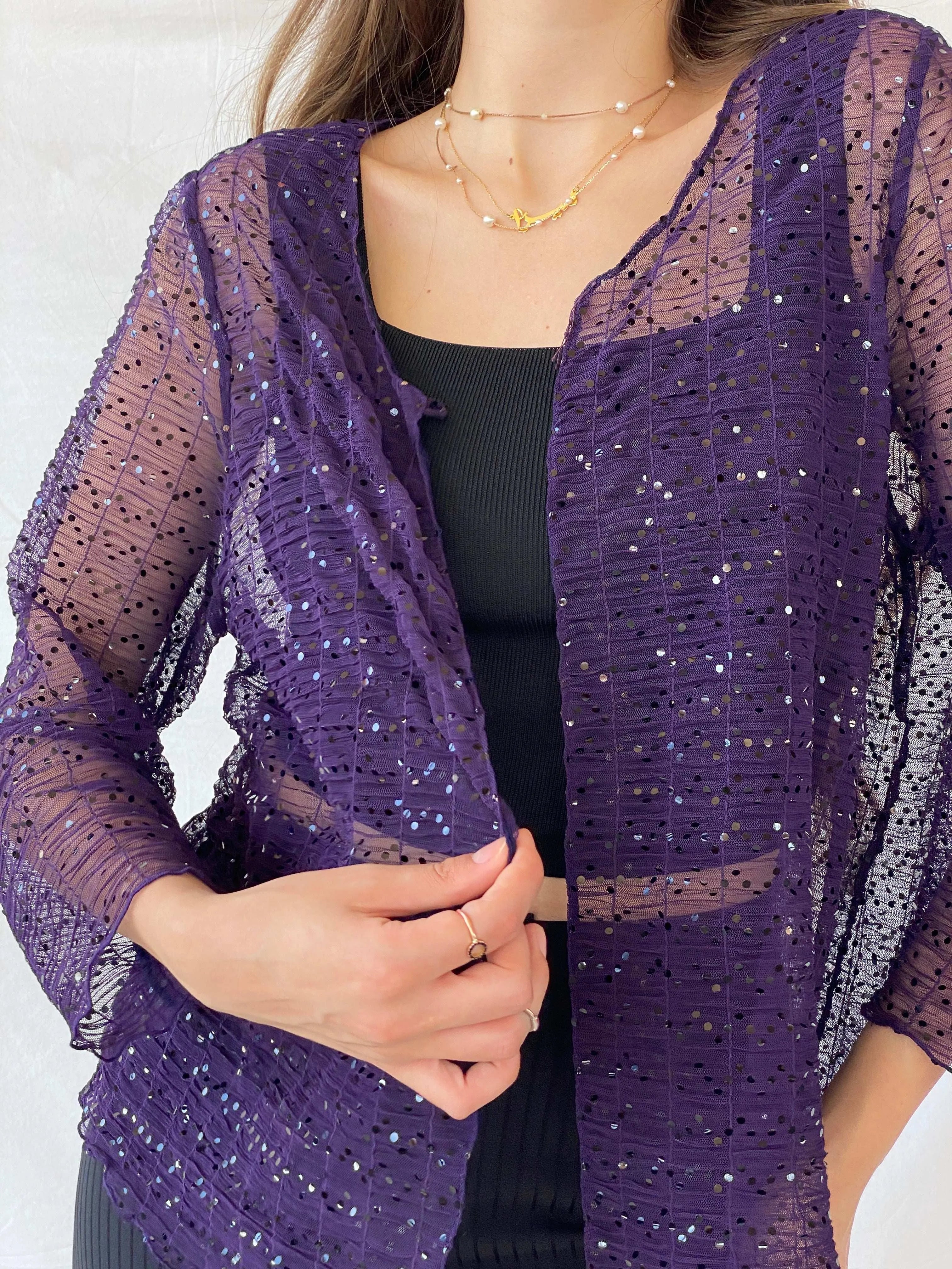 Vintage Talla&Moda Sequined Sheer Purple Cardigan - L - Balagan Vintage Cardigan 00s, 90s, Mira, Office core, women top