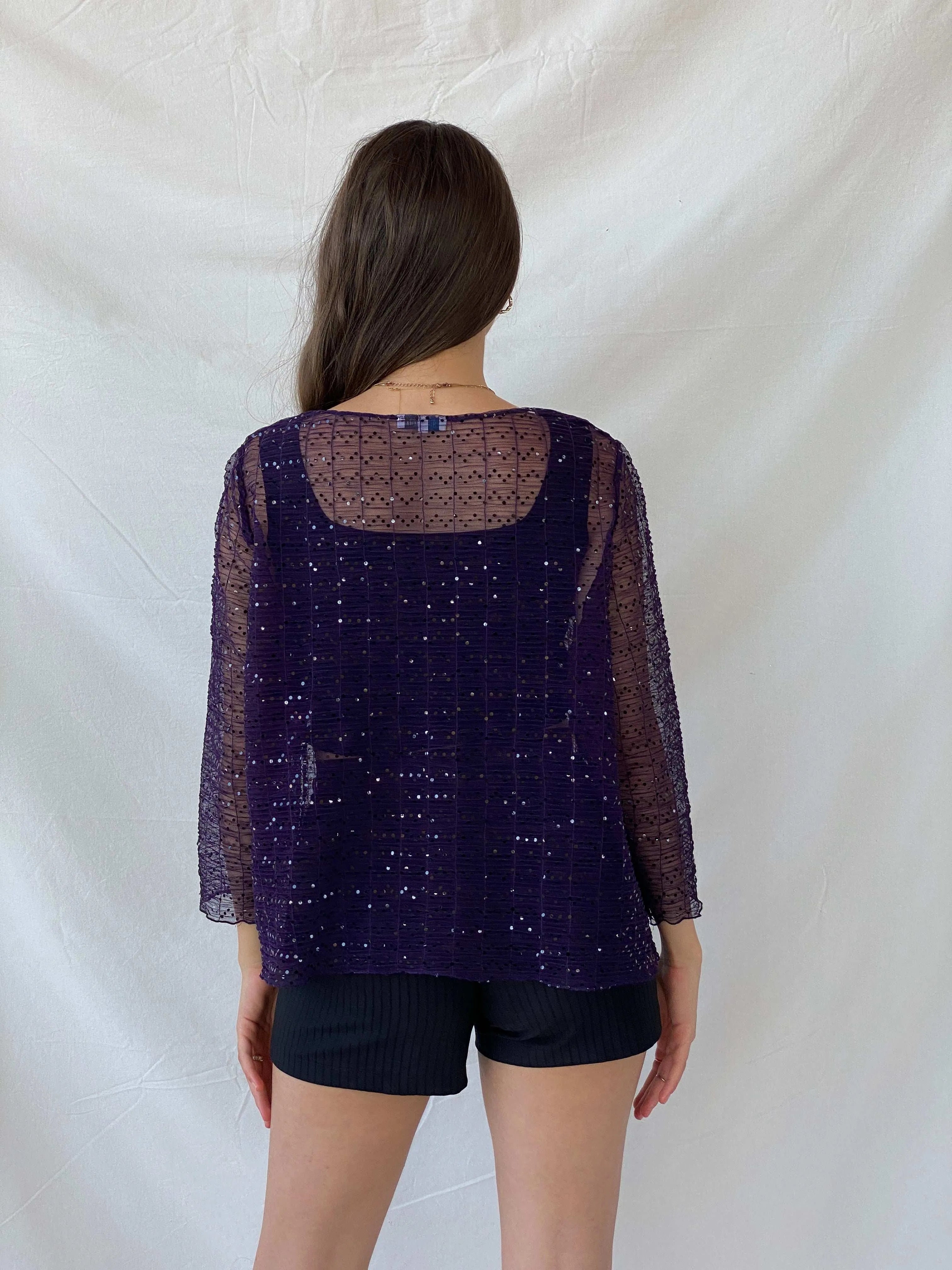 Vintage Talla&Moda Sequined Sheer Purple Cardigan - L - Balagan Vintage Cardigan 00s, 90s, Mira, Office core, women top