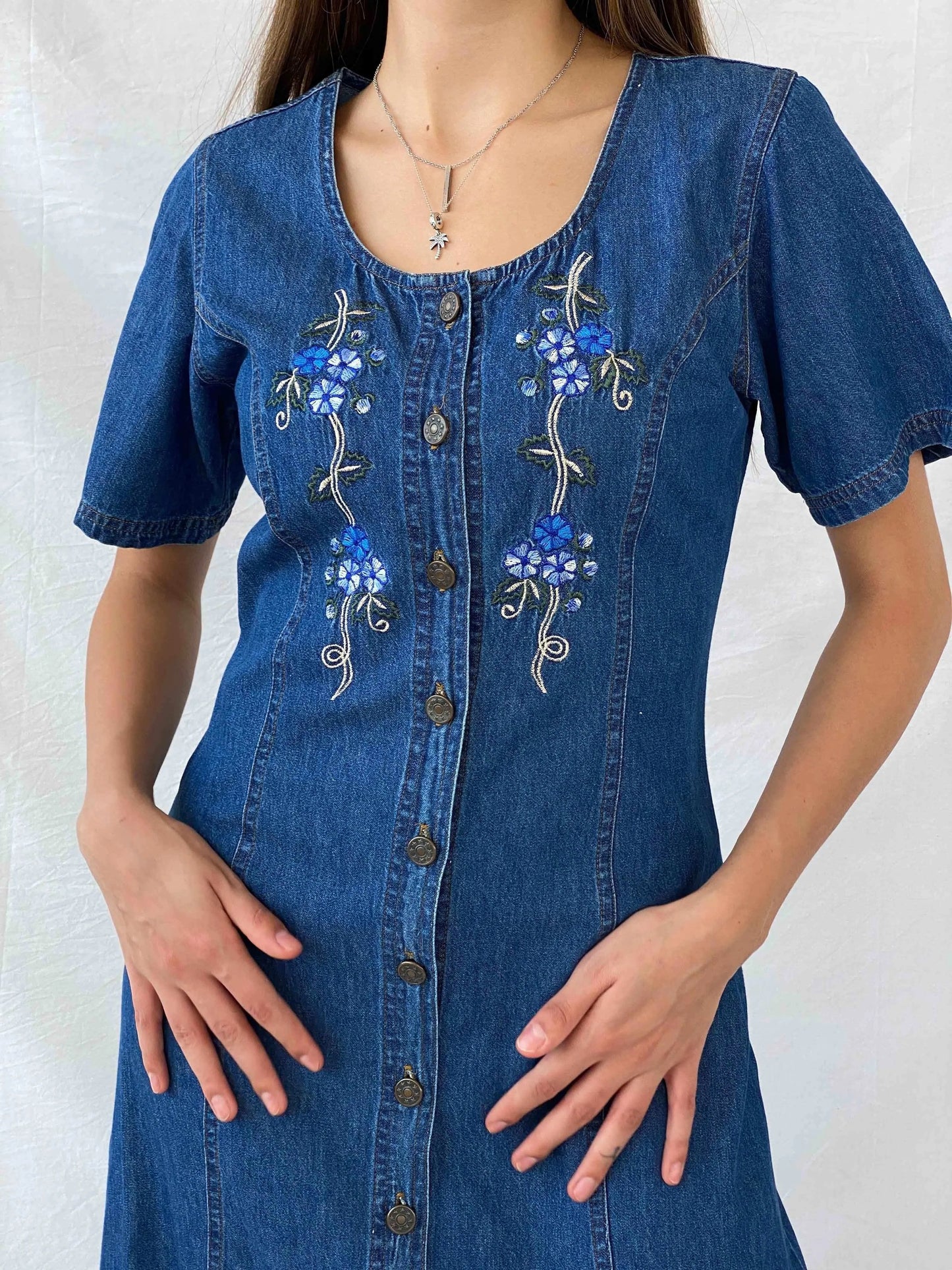 Vintage T&R D.E.N.I.M.S Maxi Floral Embroidered Denim Dress - Balagan Vintage Denim Dress denim, denim dress, floral embroidery, maxi dress, Mira