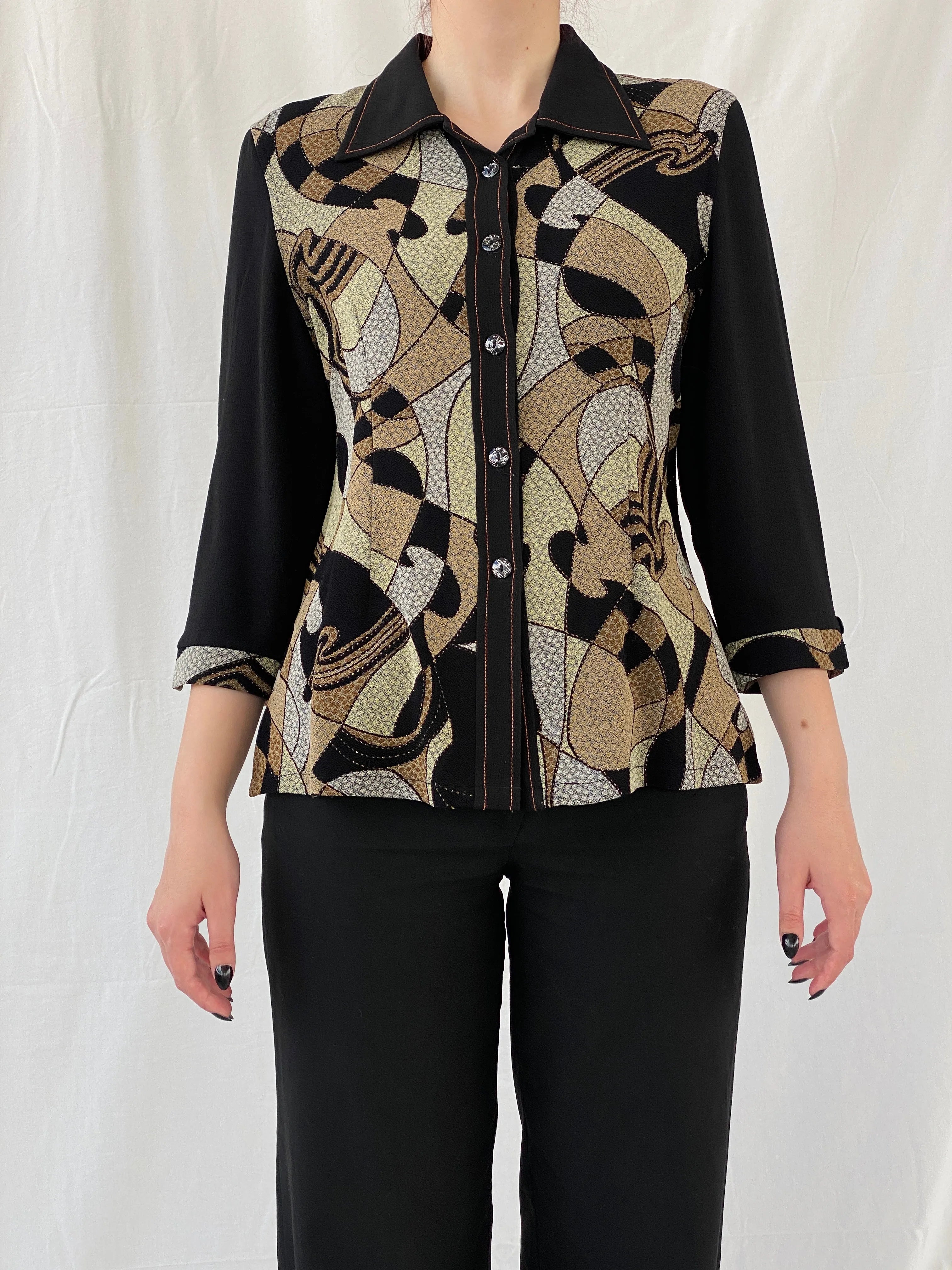 Vintage Telihuang Black and Beige Women’s Abstract Design Shimmery Buttoned Shirt - XL - Balagan Vintage Full sleeve Shirt 00s, Ayah, NEW IN, shirt, women shirt