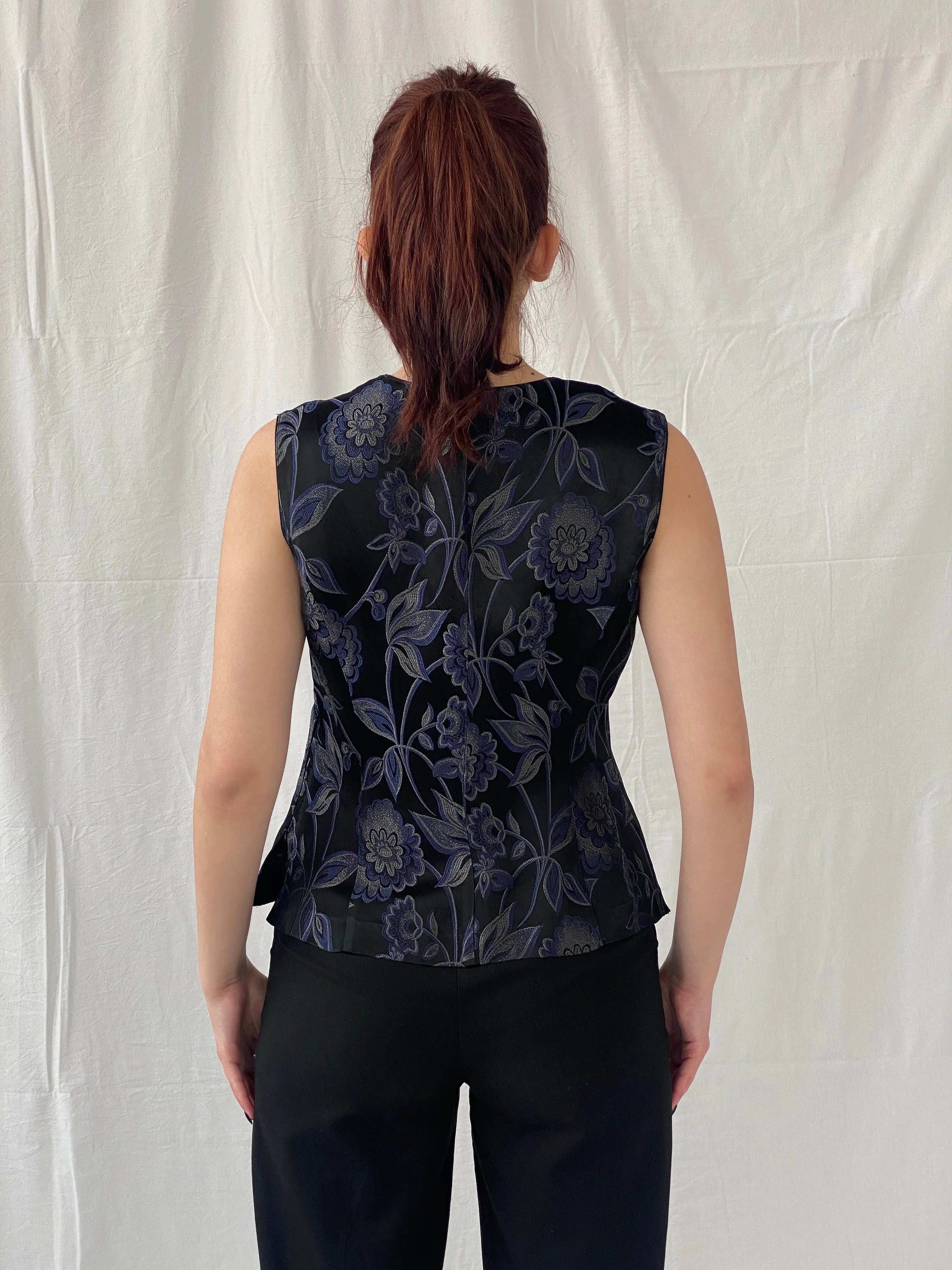 Vintage TINTORETTO Black Blue Floral Sleeveless Wrap Blouse Chinese Brocade Top - L - Balagan Vintage Sleeveless Top 90s, Ayah, floral, floral embroidery, floral top, sleeveless top