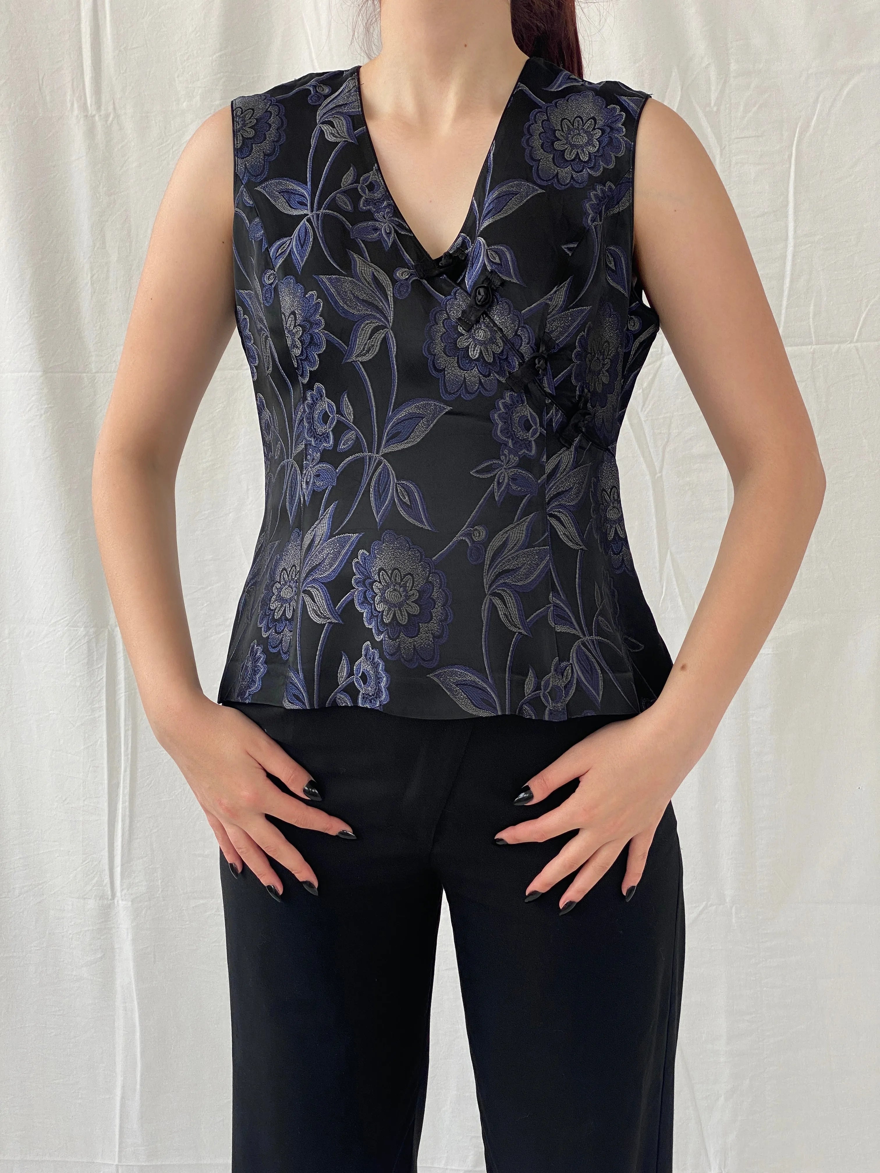 Vintage TINTORETTO Black Blue Floral Sleeveless Wrap Blouse Chinese Brocade Top - L - Balagan Vintage Sleeveless Top 90s, Ayah, floral, floral embroidery, floral top, sleeveless top