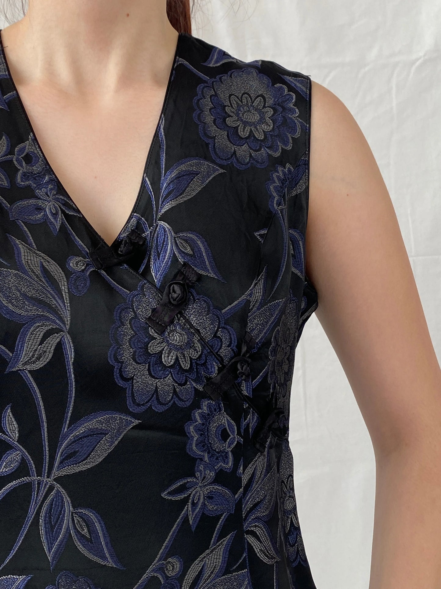 Vintage TINTORETTO Black Blue Floral Sleeveless Wrap Blouse Chinese Brocade Top - L - Balagan Vintage Sleeveless Top 90s, Ayah, floral, floral embroidery, floral top, sleeveless top