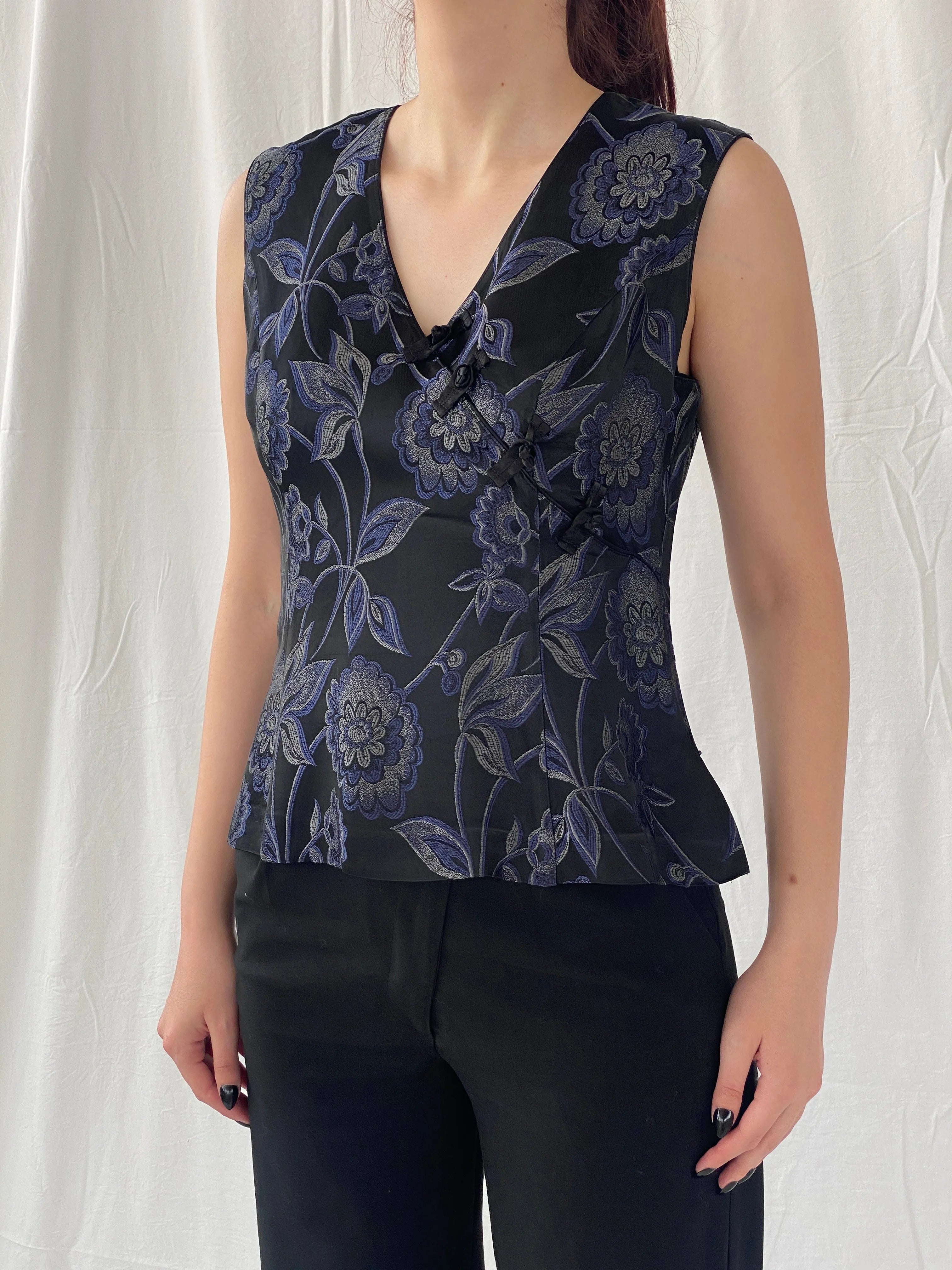 Vintage TINTORETTO Black Blue Floral Sleeveless Wrap Blouse Chinese Brocade Top - L - Balagan Vintage Sleeveless Top 90s, Ayah, floral, floral embroidery, floral top, sleeveless top