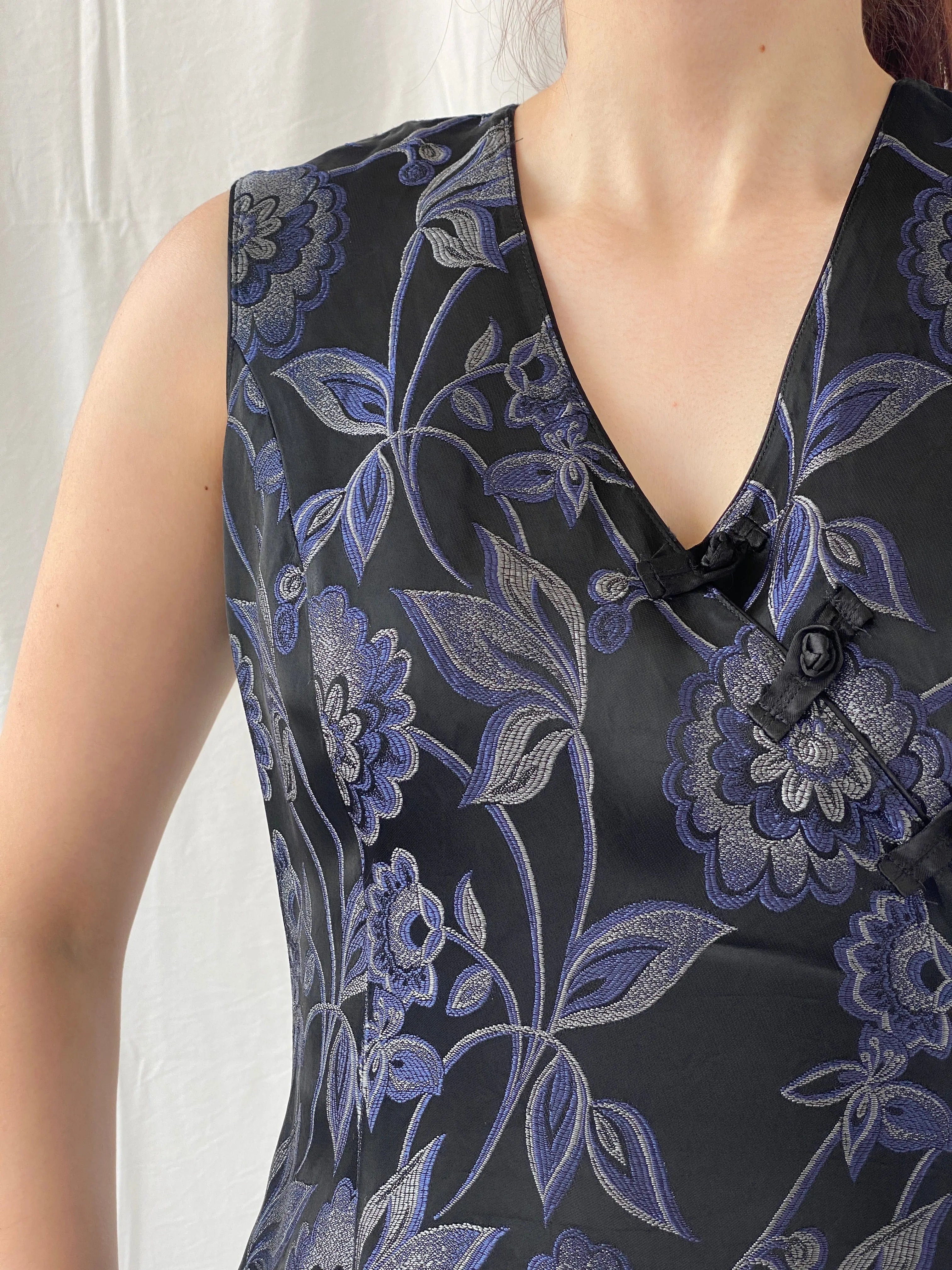 Vintage TINTORETTO Black Blue Floral Sleeveless Wrap Blouse Chinese Brocade Top - L - Balagan Vintage Sleeveless Top 90s, Ayah, floral, floral embroidery, floral top, sleeveless top