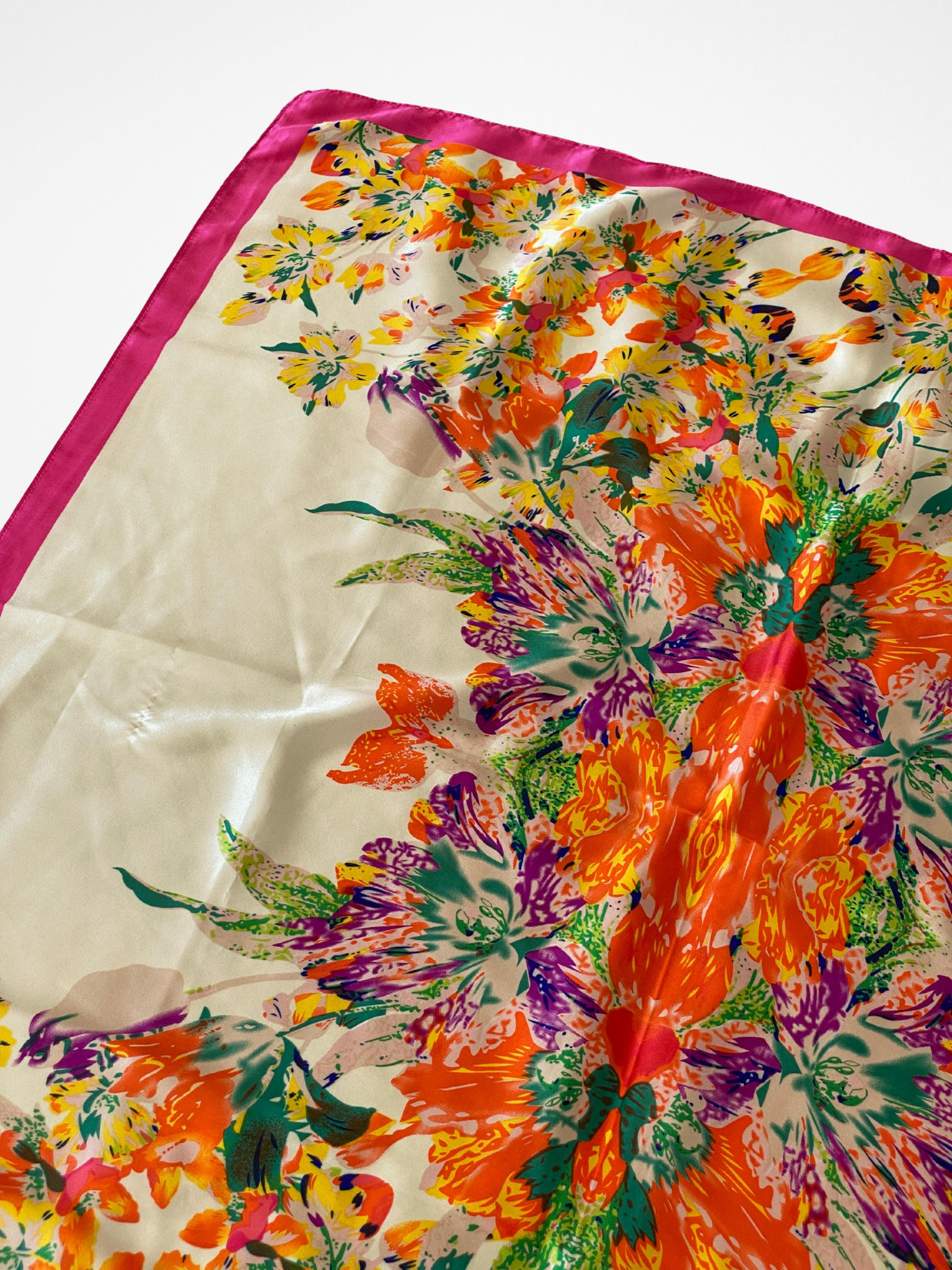 Vintage Tropical Bloom Orange Yellow Floral Satin Silk Square Scarf - Balagan Vintage Scarf 00s, multicolored, NEW IN, scarf, summer