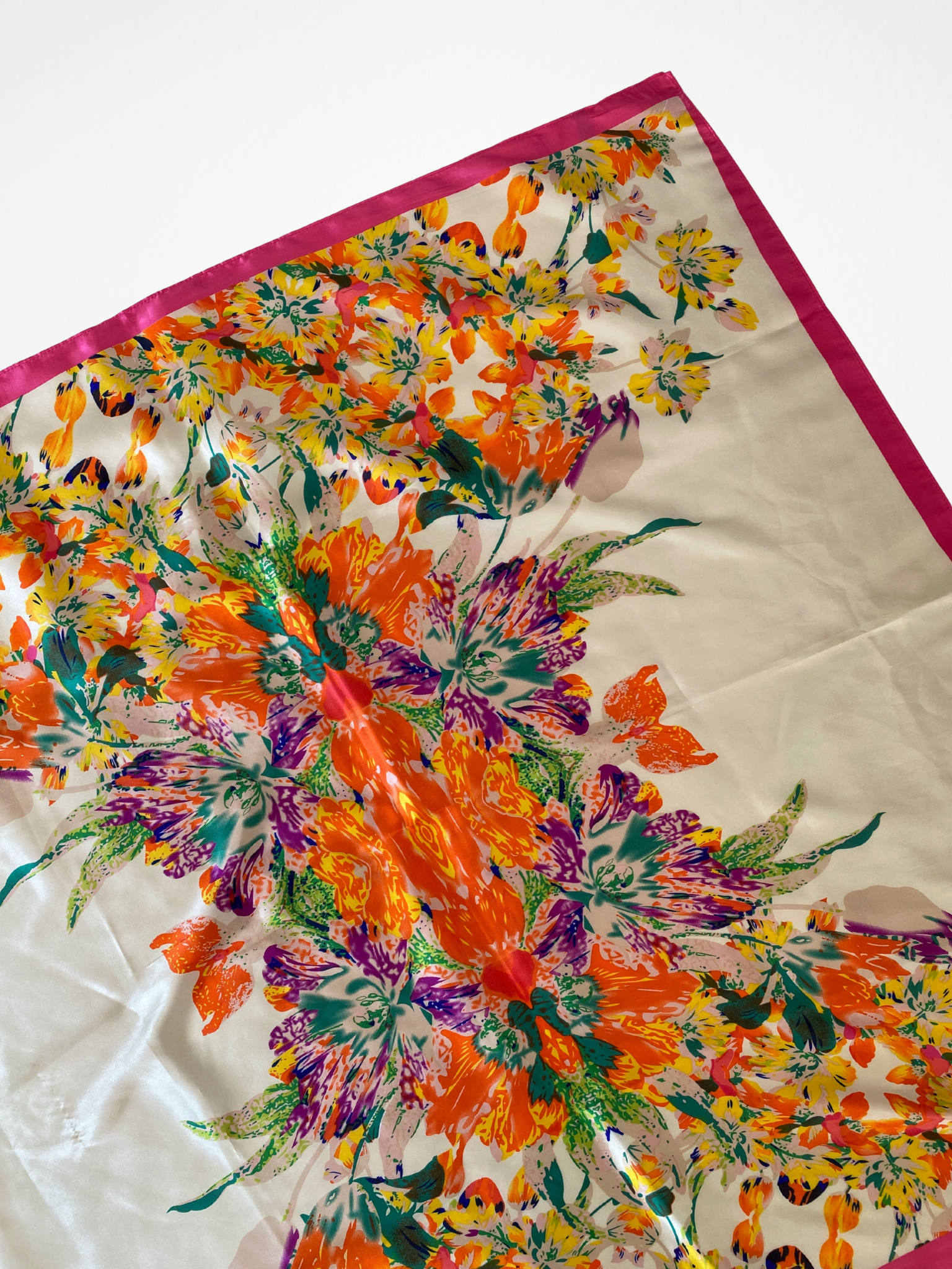 Vintage Tropical Bloom Orange Yellow Floral Satin Silk Square Scarf - Balagan Vintage Scarf 00s, multicolored, NEW IN, scarf, summer