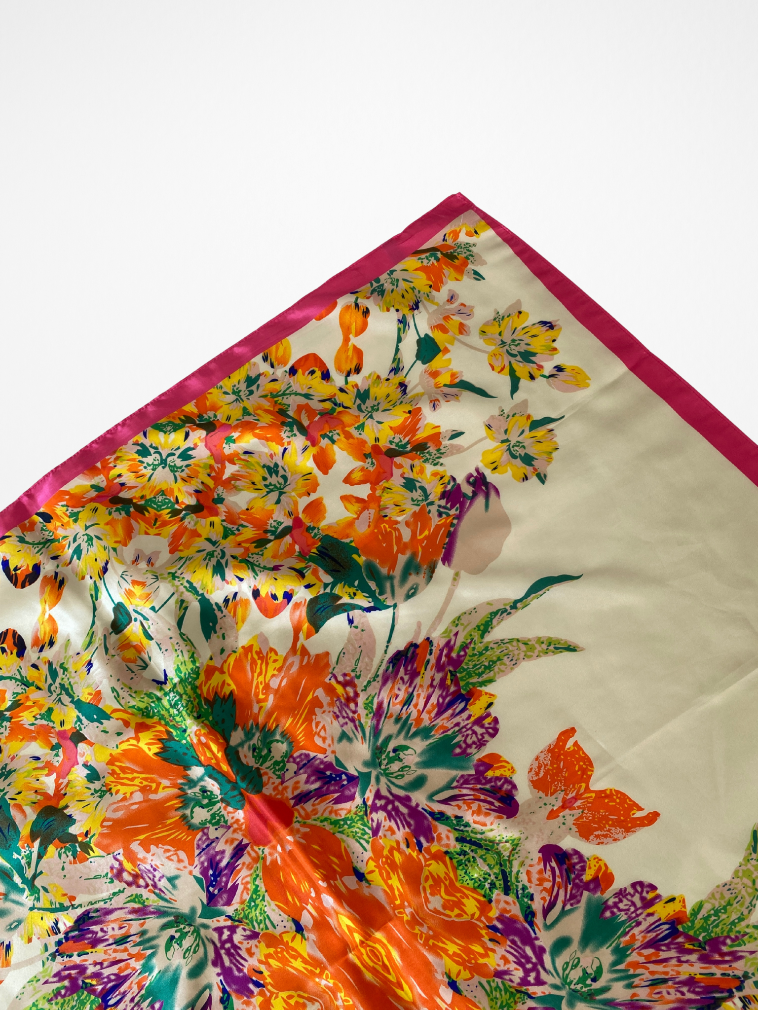 Vintage Tropical Bloom Orange Yellow Floral Satin Silk Square Scarf - Balagan Vintage Scarf 00s, multicolored, NEW IN, scarf, summer