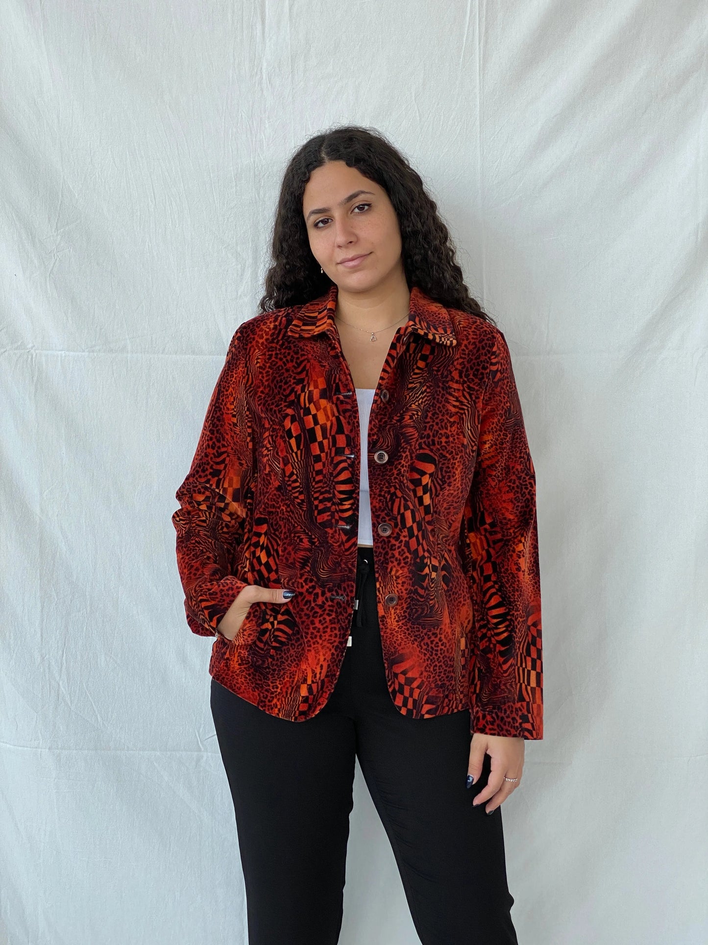 Vintage Tru Orange and Black Women’s Psychedelic Blazer - L - Balagan Vintage Blazer 00s, 90s, blazer, cardigan, Dina, full sleeve blazer, groovy, groovy print