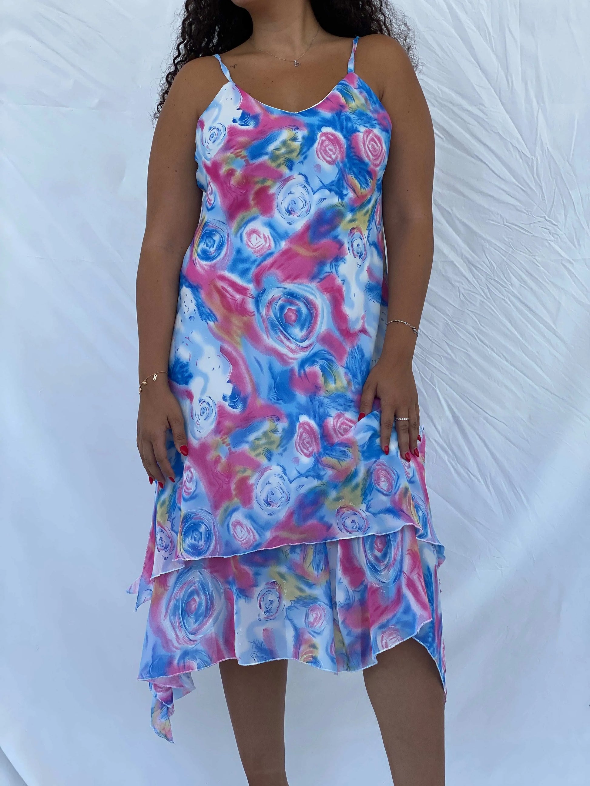 Vintage TYC Blue and Pink Floral Spaghetti Strap Midi Dress - XL - Balagan Vintage Midi Dress 00s, 90s, 90s dress, Dina, floral dress, midi dress, Wedding Guest