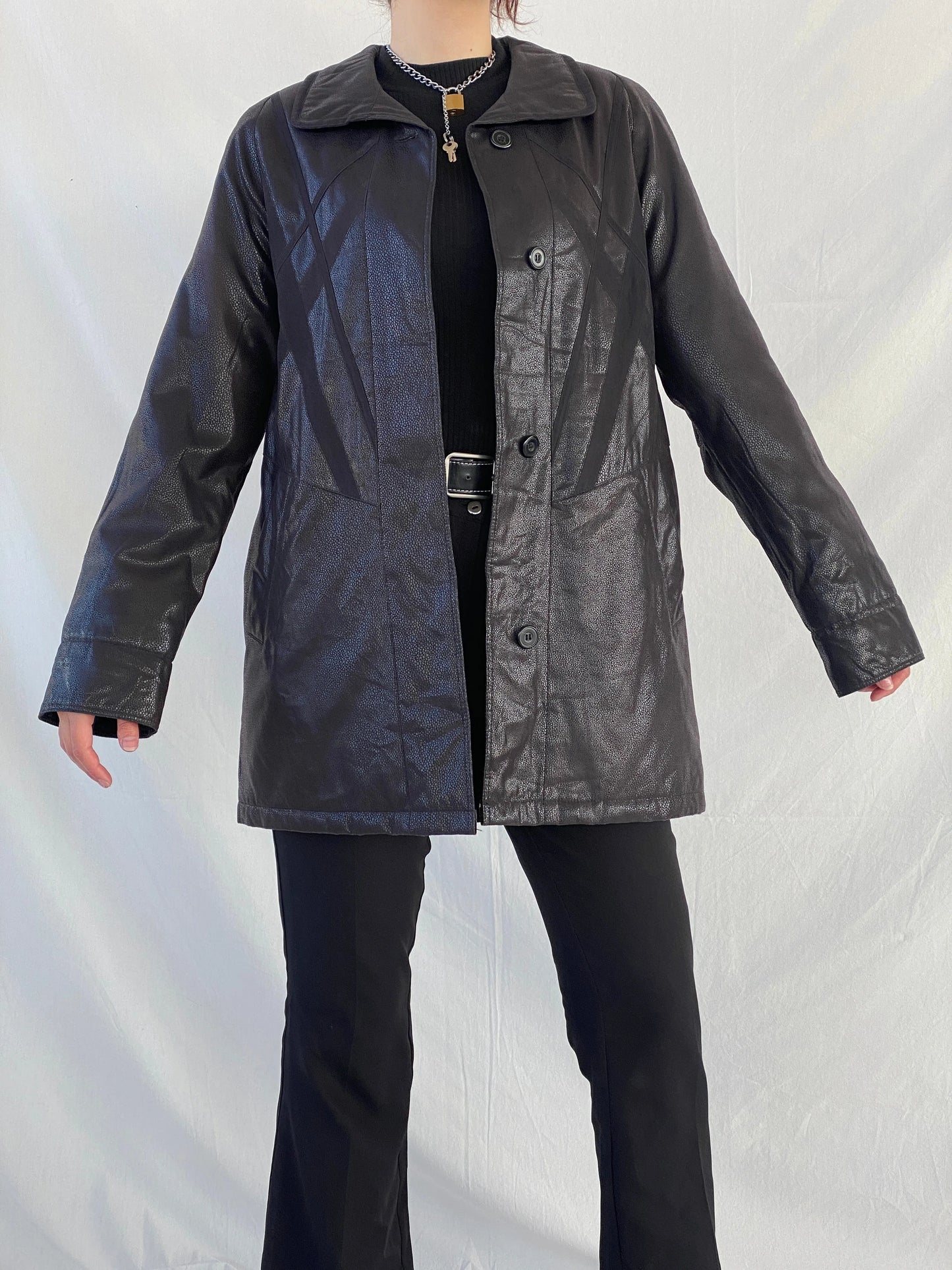Vintage UN JOUR AILLEURS Faux Leather Black Coat - S - Balagan Vintage Coat 00s, Ayah, black leather, coat, Coats&Jackets, leather coat, Women's Coats
