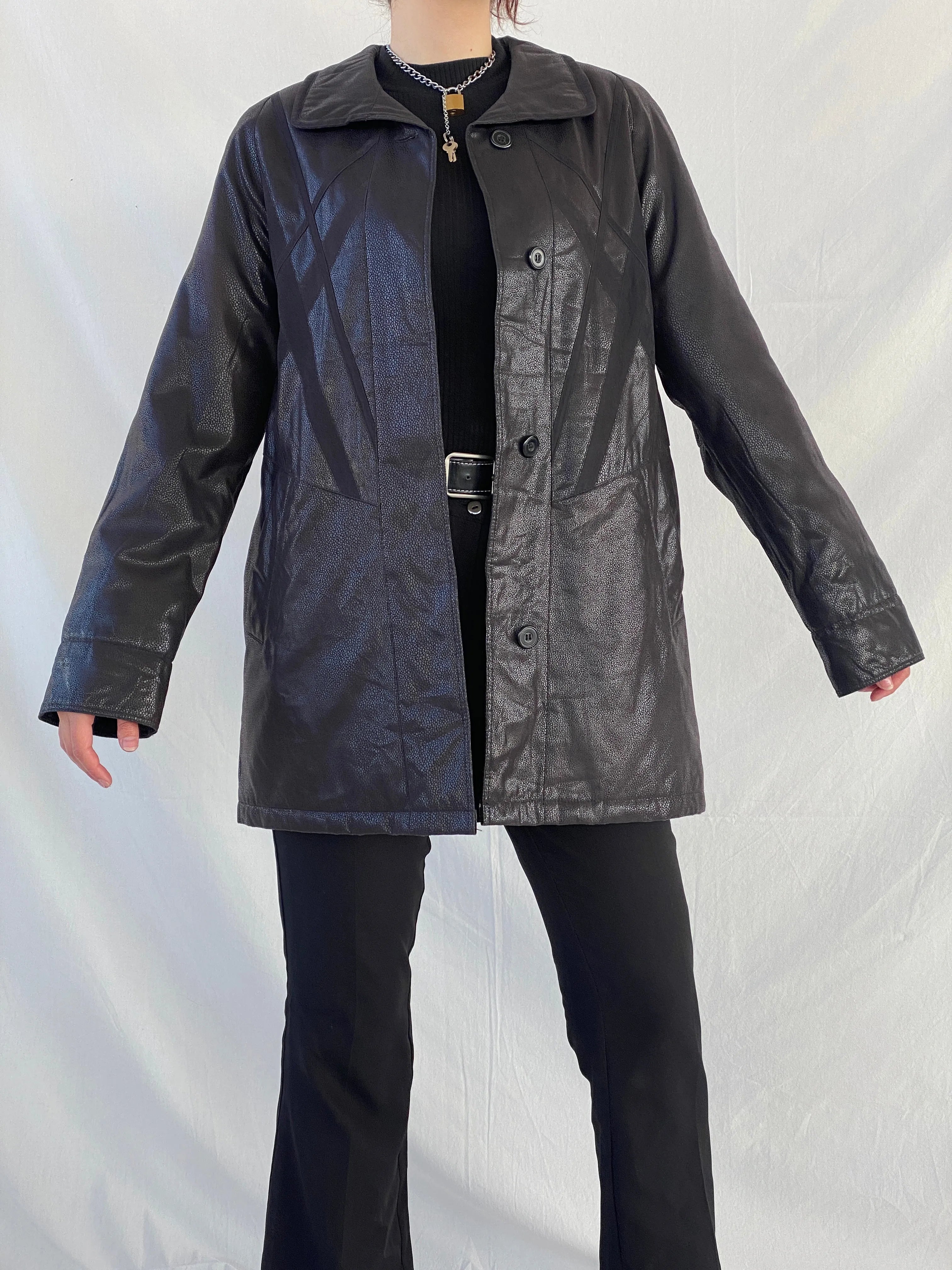 Vintage UN JOUR AILLEURS Faux Leather Black Coat - S - Balagan Vintage Coat 00s, Ayah, black leather, coat, Coats&Jackets, leather coat, Women's Coats