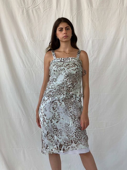 Vintage UNJOUR AILLEURS Cheetah Print Silk Midi Sleeveless Dress - S - Balagan Vintage Midi Dress 00s dress, 90s, 90s dress, Deals, floral dress, formal dress, midi dress, Mira, velvet, velvet dress, Wedding Guest