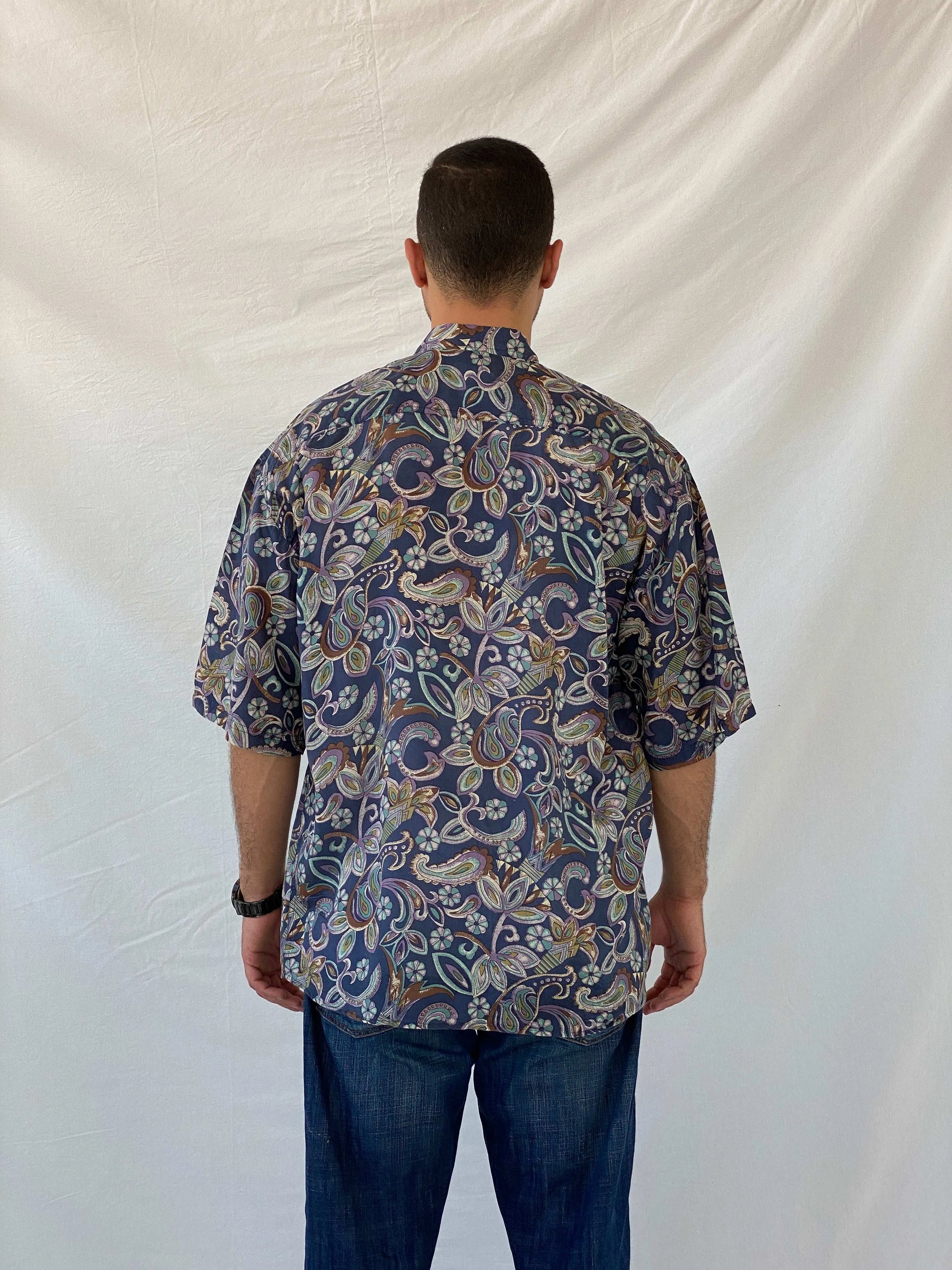 Vintage UTOPIA Paisley Print Men’s Oversized Silk Button-Up Shirt - L - Balagan Vintage Half Sleeve Shirt 90s, half sleeve shirt, mens shirt, printed shirt, printed silk shirt, Ramez, silk, silk shirt