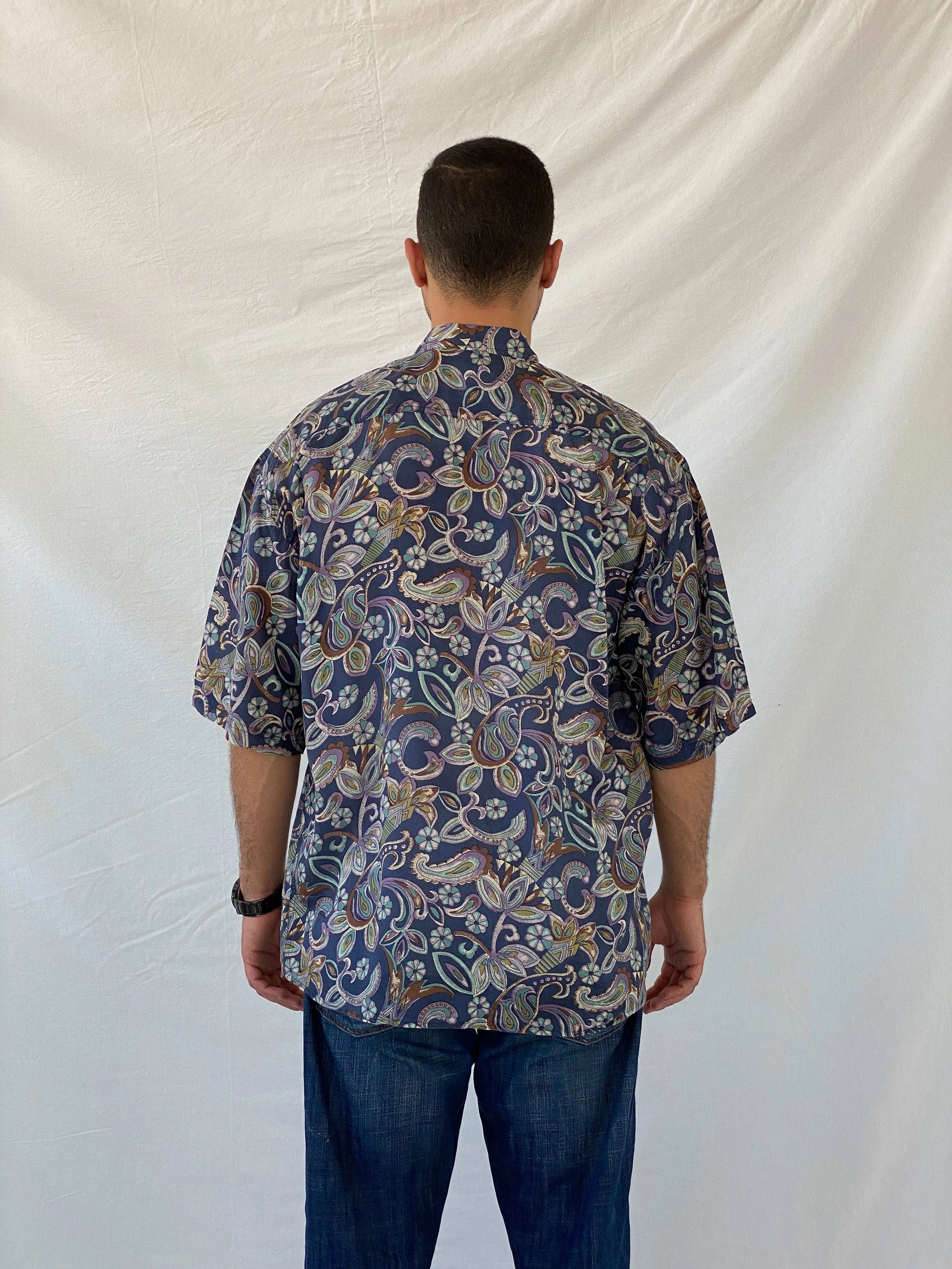 Vintage UTOPIA Paisley Print Men’s Oversized Silk Button-Up Shirt - L - Balagan Vintage Half Sleeve Shirt 90s, half sleeve shirt, mens shirt, printed shirt, printed silk shirt, Ramez, silk, silk shirt