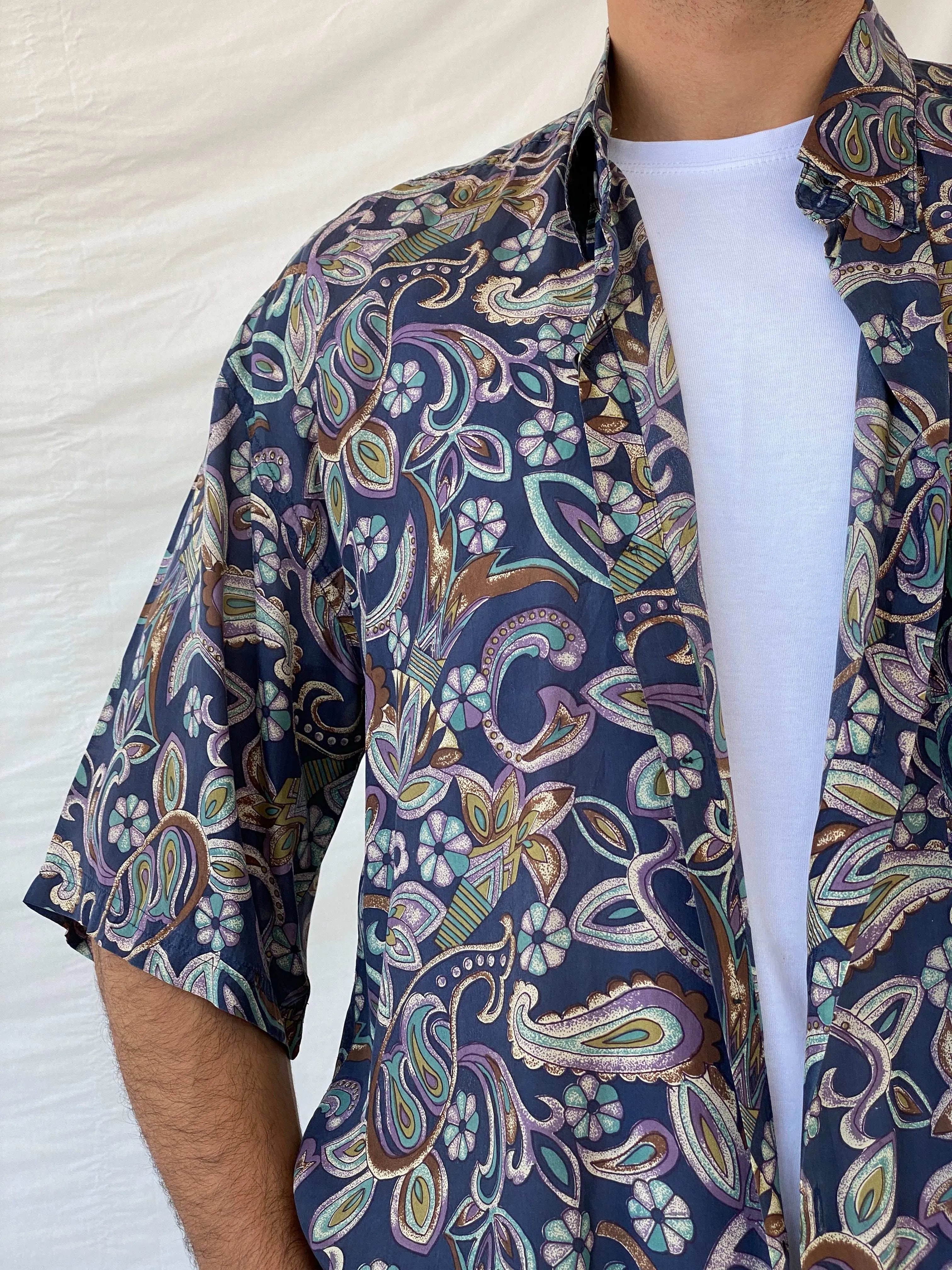 Vintage UTOPIA Paisley Print Men’s Oversized Silk Button-Up Shirt - L - Balagan Vintage Half Sleeve Shirt 90s, half sleeve shirt, mens shirt, printed shirt, printed silk shirt, Ramez, silk, silk shirt