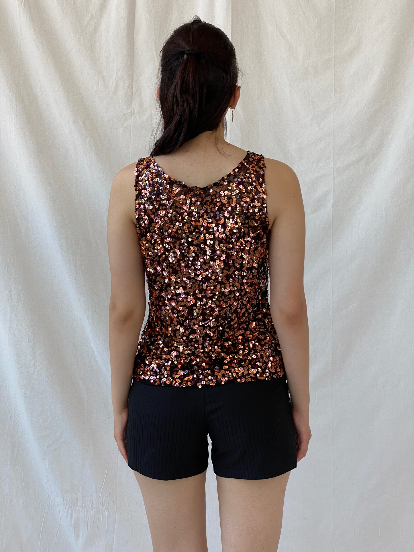 Vintage Vera Mont France Copper Sequin Evening Top Sleeveless Party Tank Top - M - Balagan Vintage Sleeveless Top 00s, Ayah, beaded, consignment, embroidery, Hala, mesh, NEW IN, shimmer, summer, women top