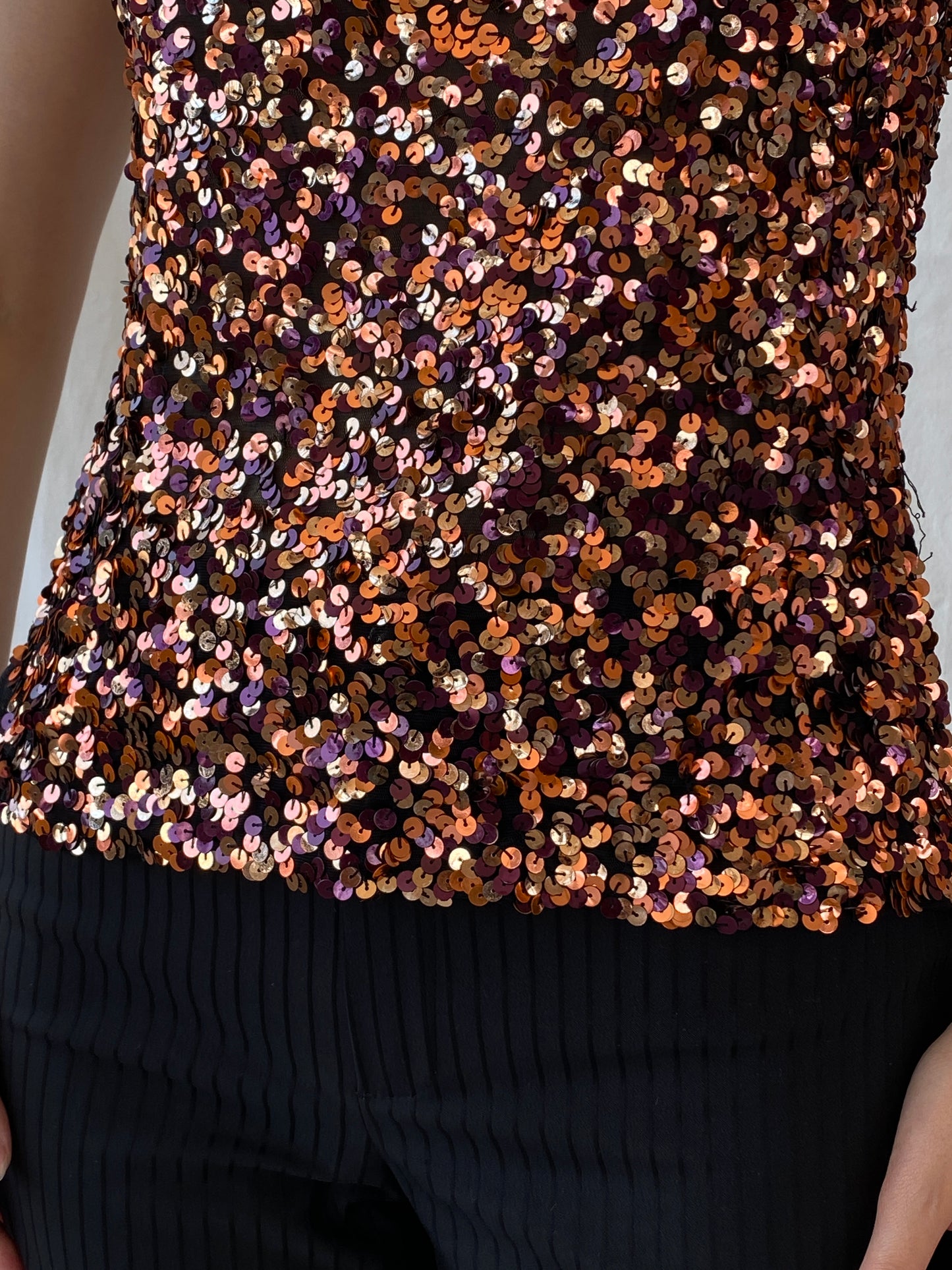 Vintage Vera Mont France Copper Sequin Evening Top Sleeveless Party Tank Top - M - Balagan Vintage Sleeveless Top 00s, Ayah, beaded, consignment, embroidery, Hala, mesh, NEW IN, shimmer, summer, women top