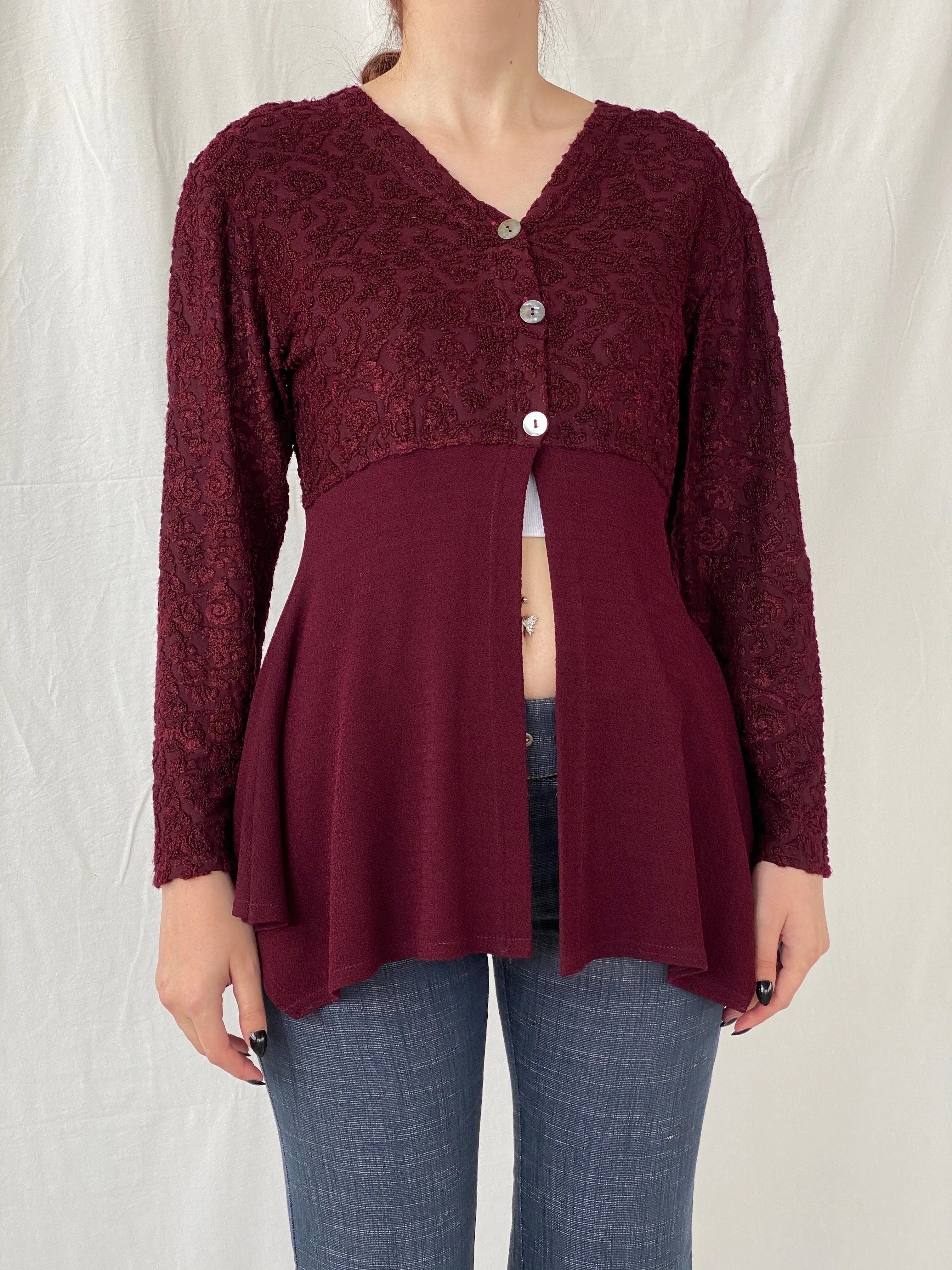 Vintage Vestino Italy Maroon Floral Lace Buttoned Split Cardigan - M - Balagan Vintage Cardigan 00s, Ayah, cardigan, knitted cardigan, NEW IN