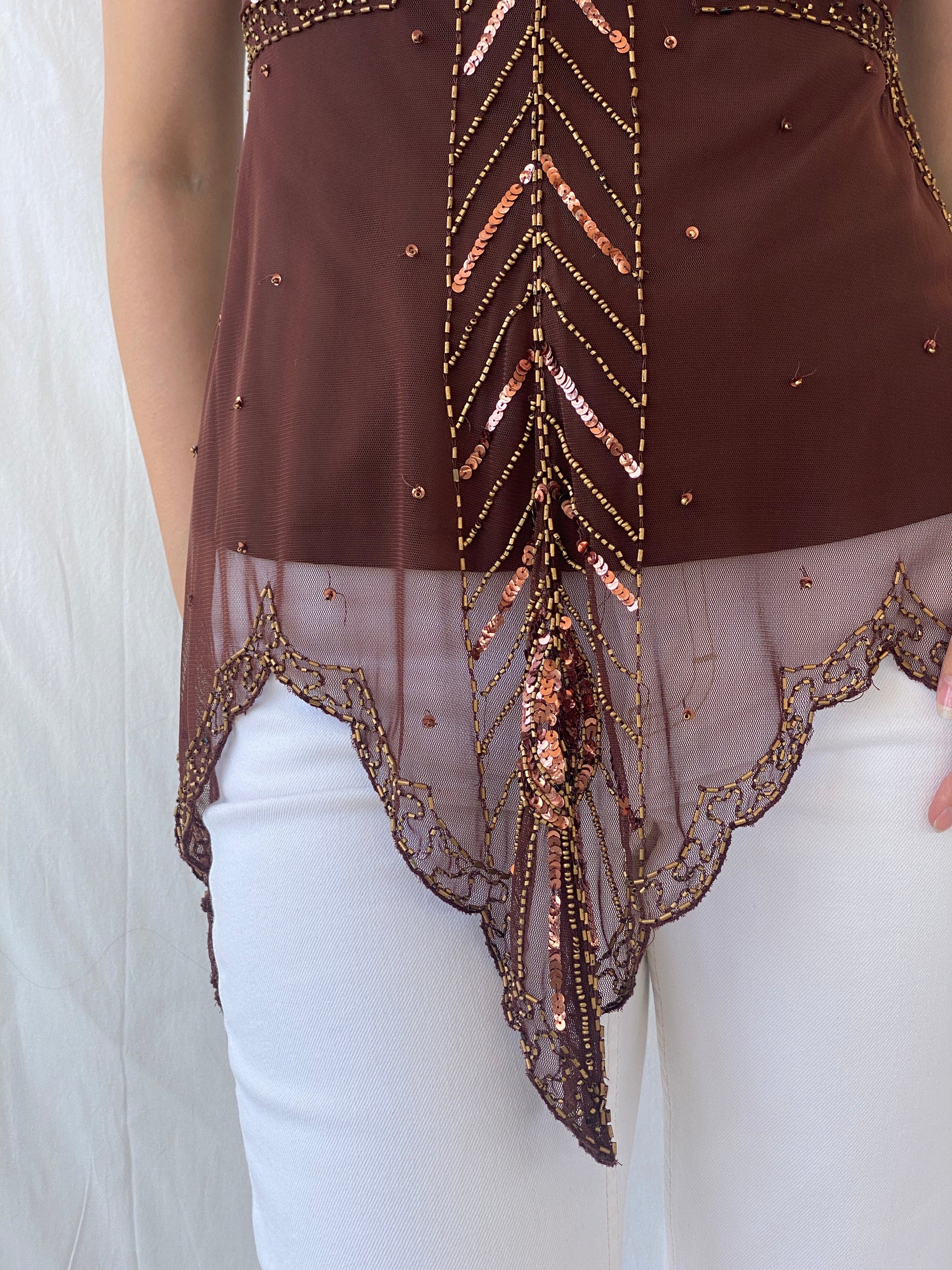 Vintage Wallis Brown Beaded Sequined Sleeveless Fairy Core Mesh Top - L - Balagan Vintage Sleeveless Top 00s, Ayah, beaded, NEW IN, summer, women top