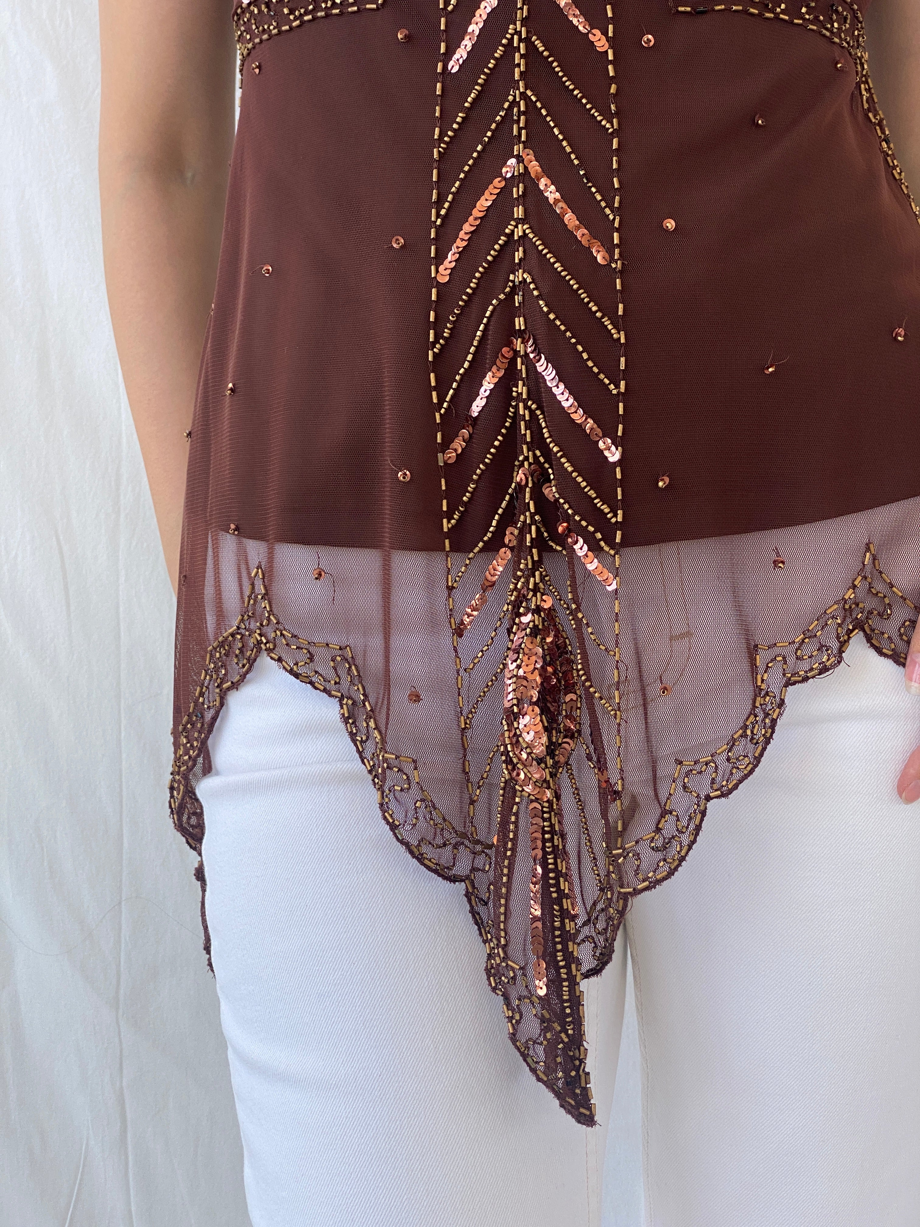 Vintage Wallis Brown Beaded Sequined Sleeveless Fairy Core Mesh Top - L - Balagan Vintage Sleeveless Top 00s, Ayah, beaded, NEW IN, summer, women top