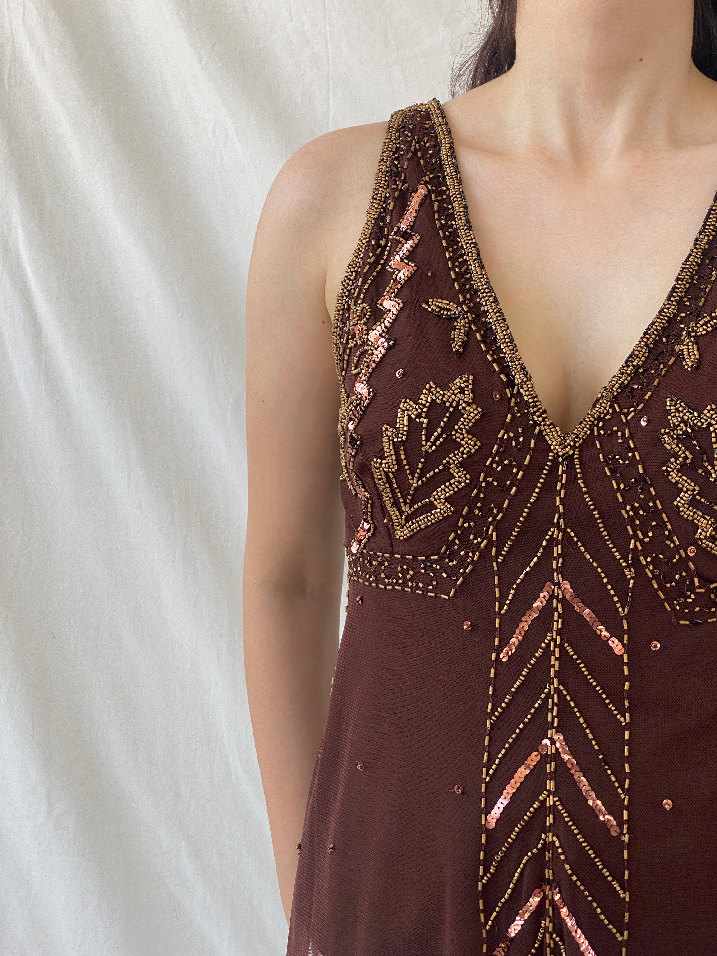 Vintage Wallis Brown Beaded Sequined Sleeveless Fairy Core Mesh Top - L - Balagan Vintage Sleeveless Top 00s, Ayah, beaded, NEW IN, summer, women top