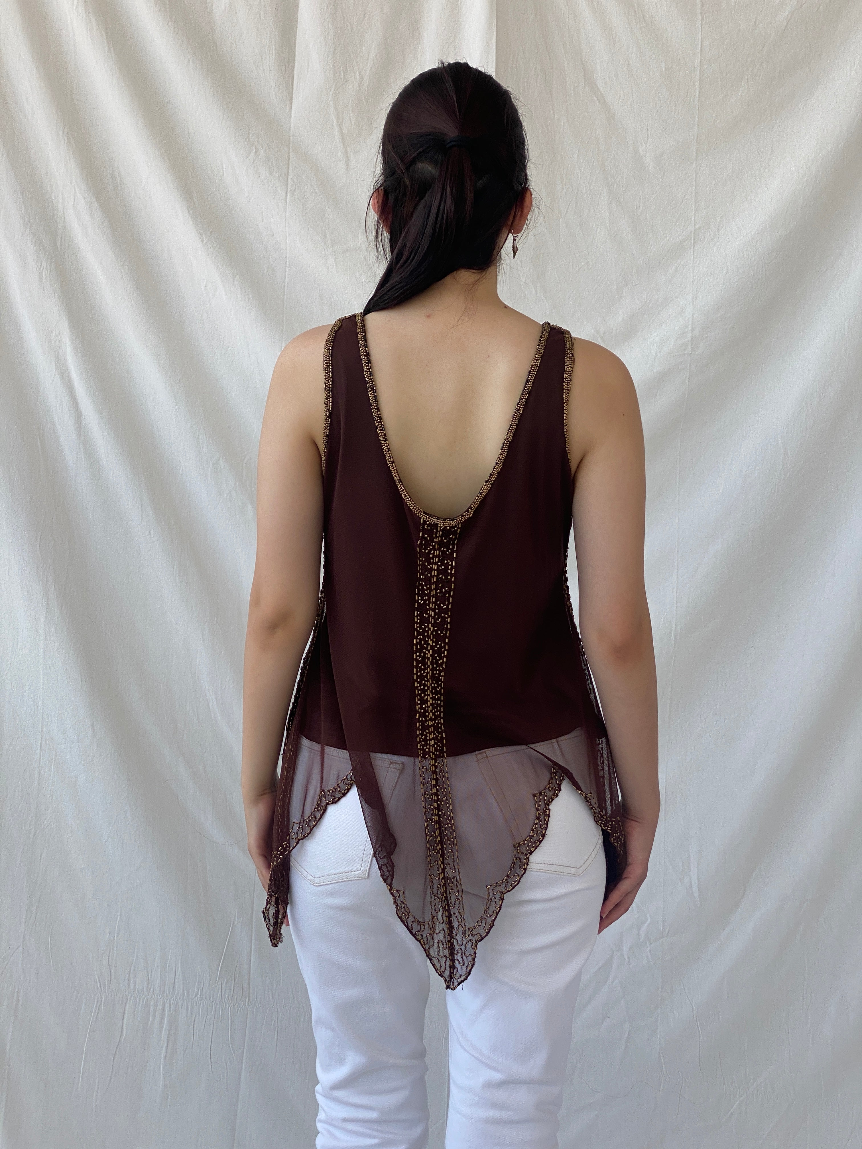 Vintage Wallis Brown Beaded Sequined Sleeveless Fairy Core Mesh Top - L - Balagan Vintage Sleeveless Top 00s, Ayah, beaded, NEW IN, summer, women top