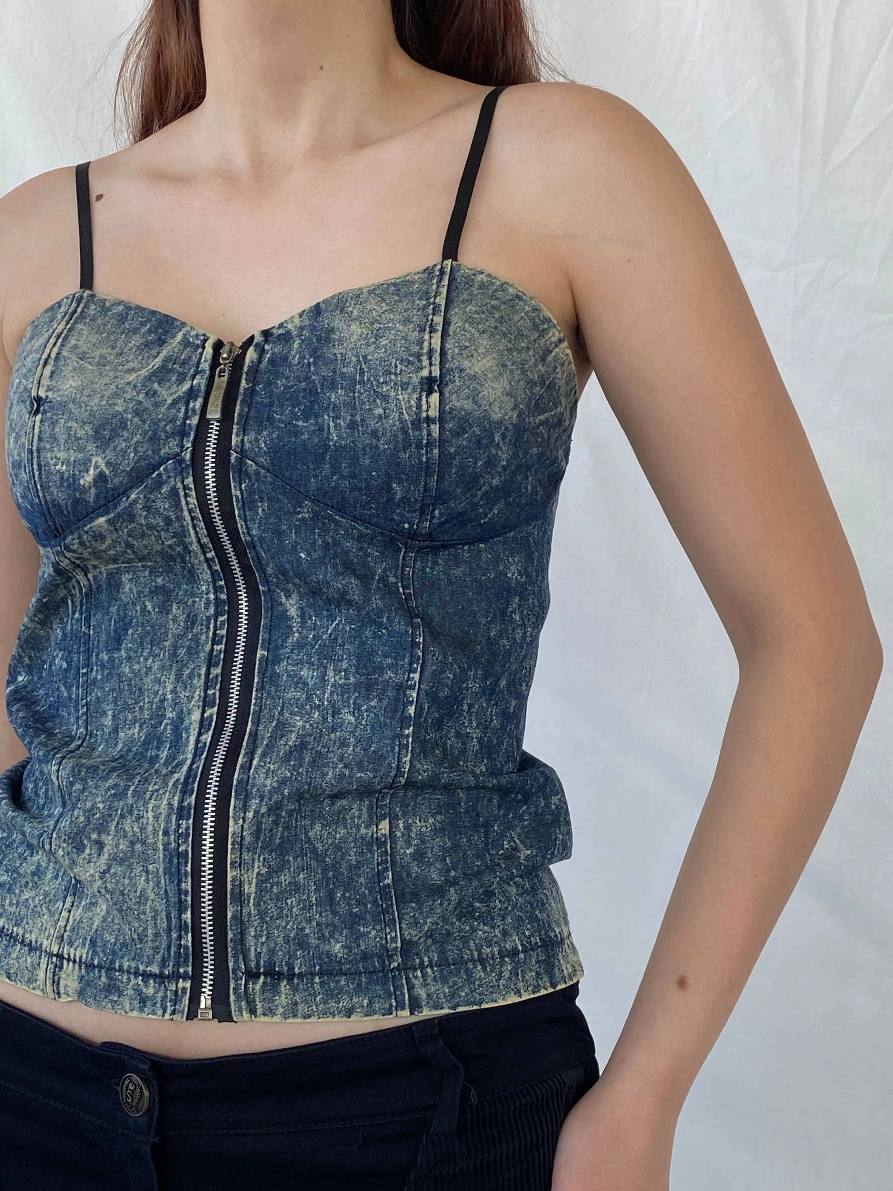 Vintage Wash Denim Blue Corset with Zipper and Adjustable Straps - M - Balagan Vintage Sleeveless Top 00s, 90s, Ayah, corset, denim, denim top, sleeveless top