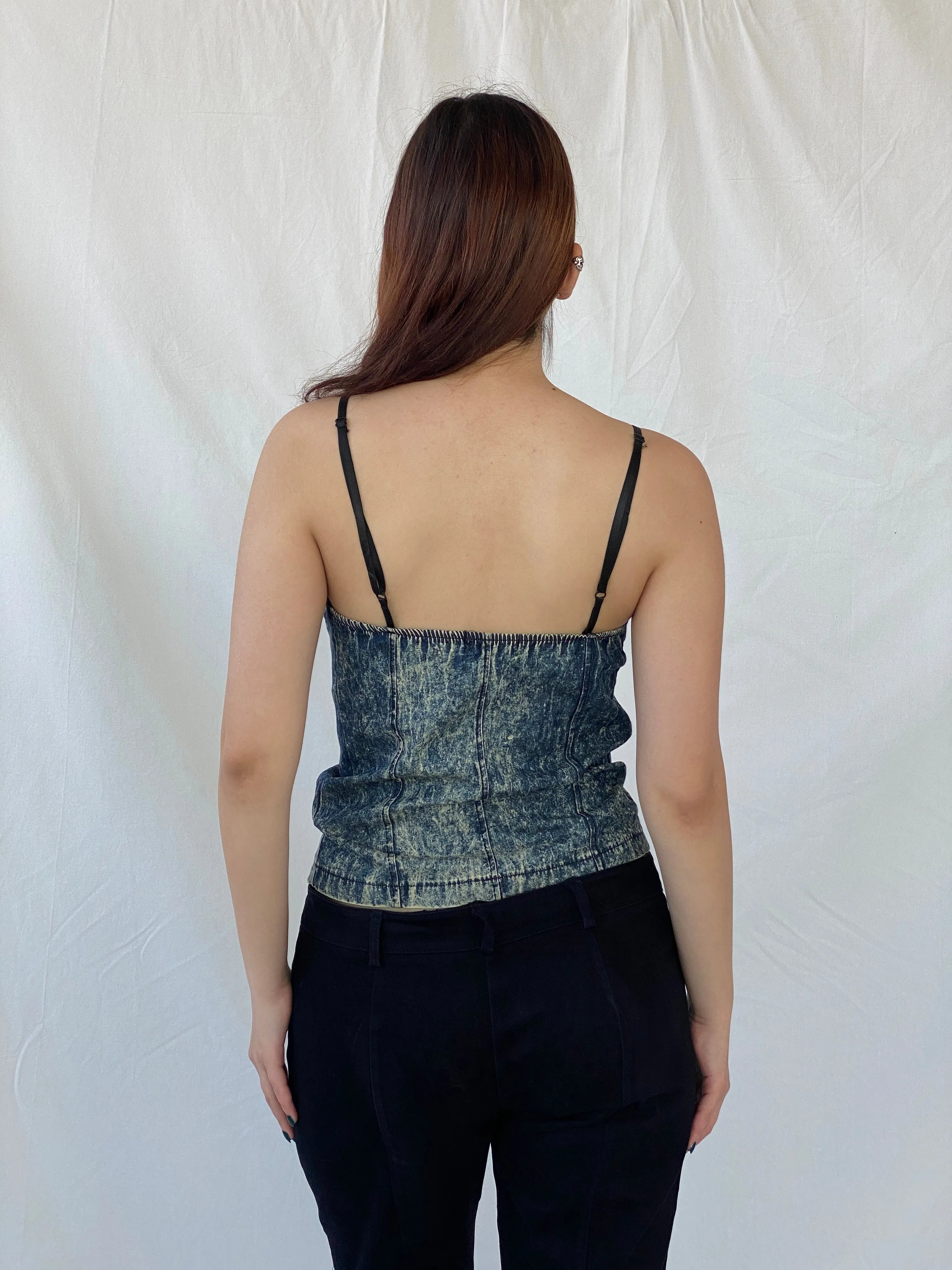 Vintage Wash Denim Blue Corset with Zipper and Adjustable Straps - M - Balagan Vintage Sleeveless Top 00s, 90s, Ayah, corset, denim, denim top, sleeveless top
