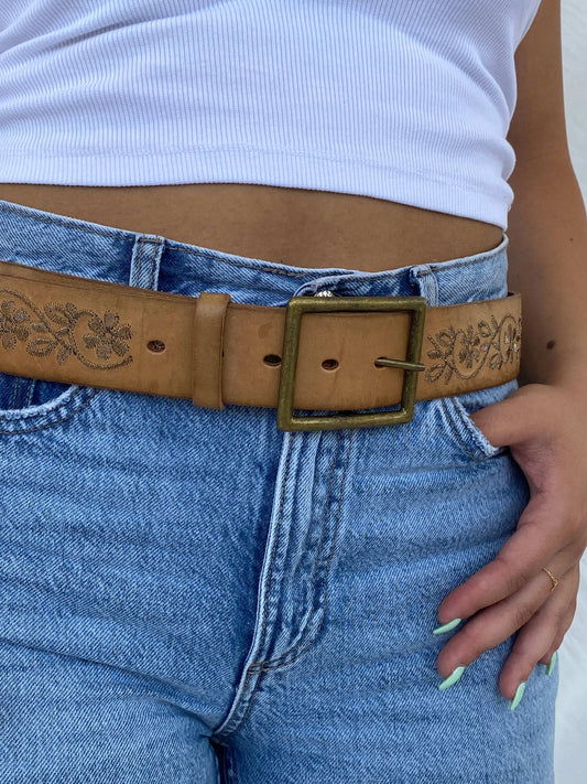 Vintage Western Style Cowboy Floral Embroidered Beige Belt - Balagan Vintage 80s, belt, cowboy, Lana
