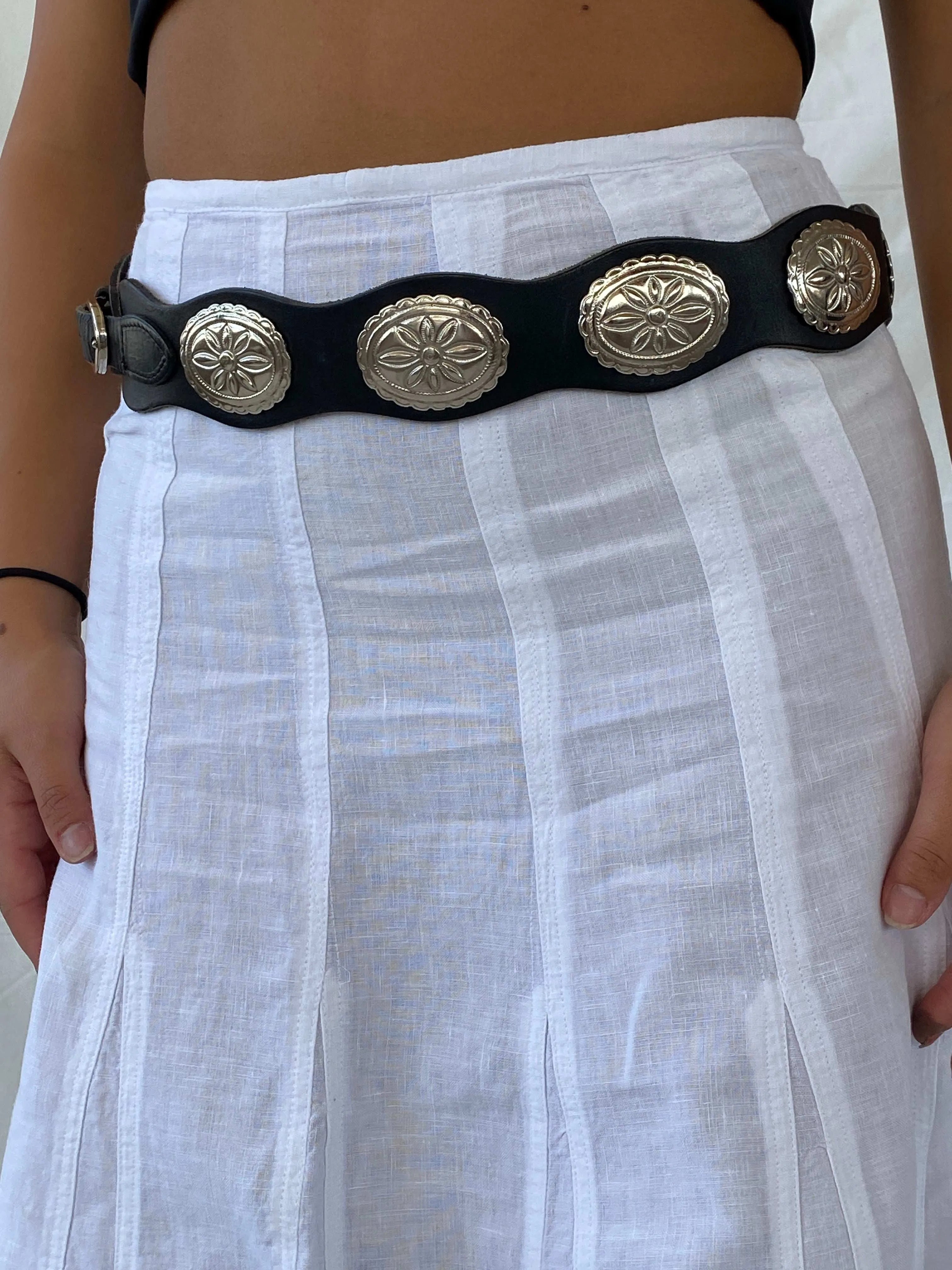Vintage Western/Grunge Cowboy Silver Concho Black Leather Belt - Balagan Vintage 80s, belt, cowboy, Lana, new, rare find, rare vintage