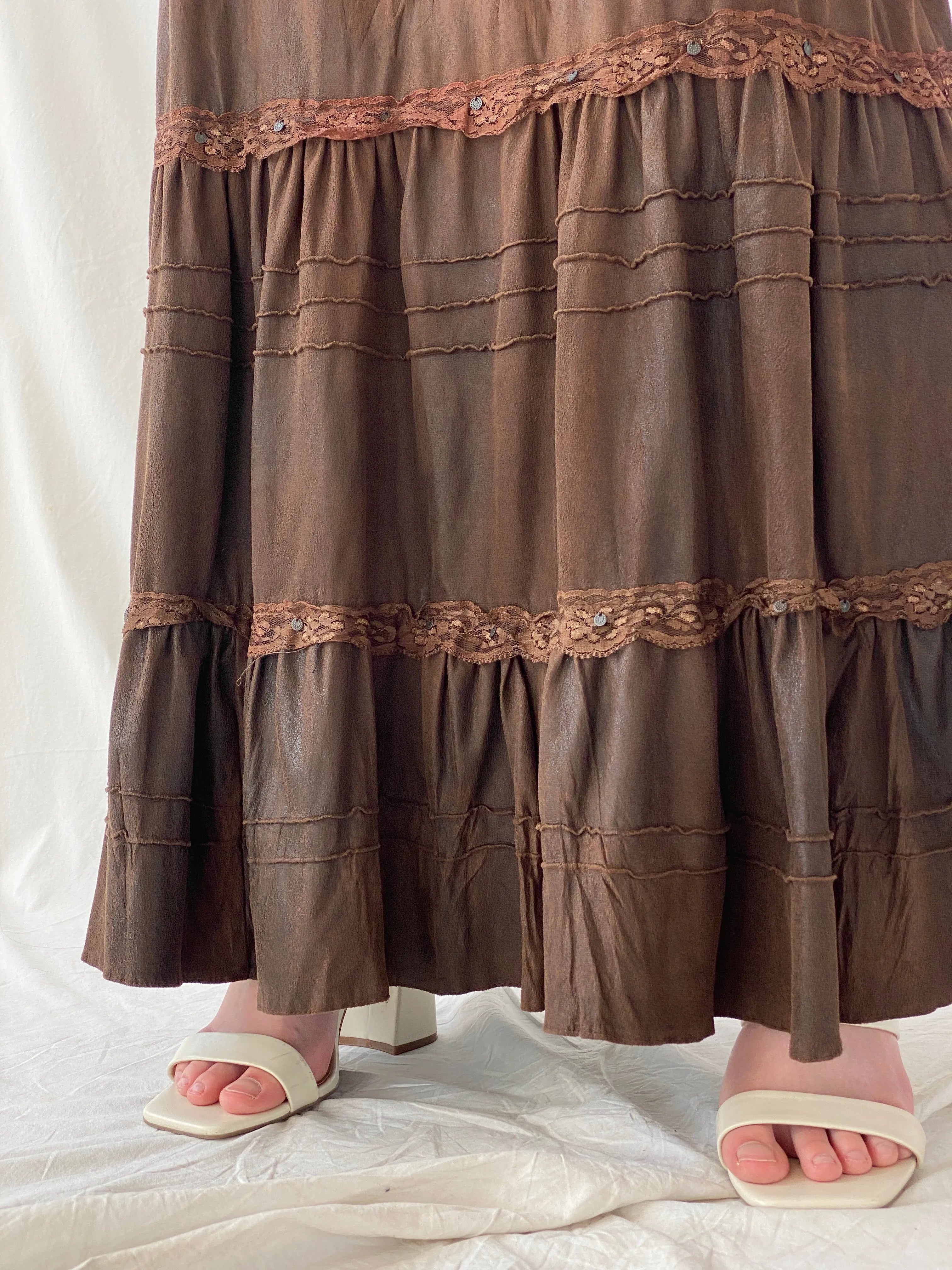 Vintage Whimsygoth Tiered Gypsy Lace Layered Brown Skirt with Blue Floral Embroidery - XL - Balagan Vintage Maxi Skirt Ayah, consignment, Dana, maxi skirt, winter