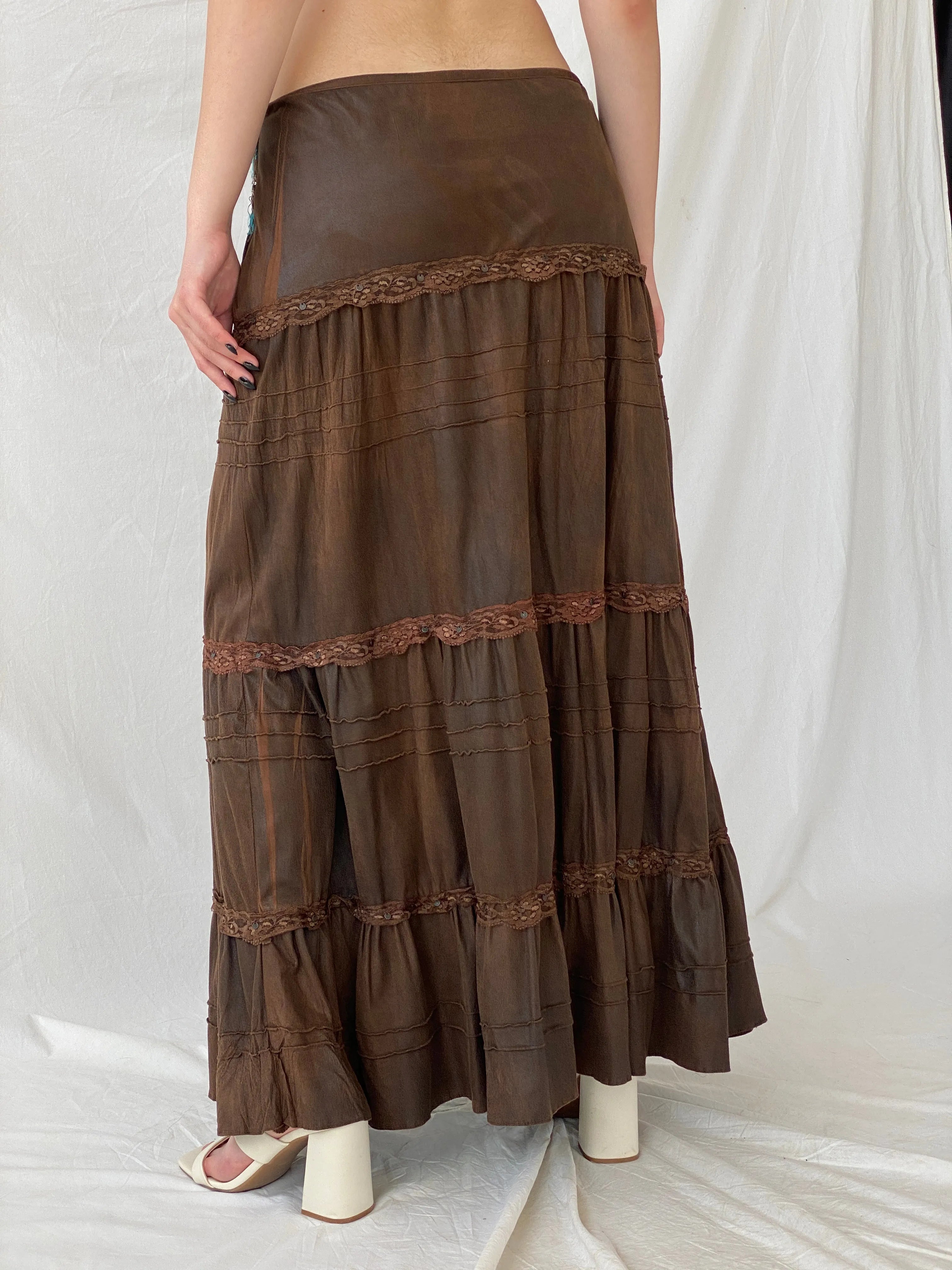Vintage Whimsygoth Tiered Gypsy Lace Layered Brown Skirt with Blue Floral Embroidery - XL - Balagan Vintage Maxi Skirt Ayah, consignment, Dana, maxi skirt, winter
