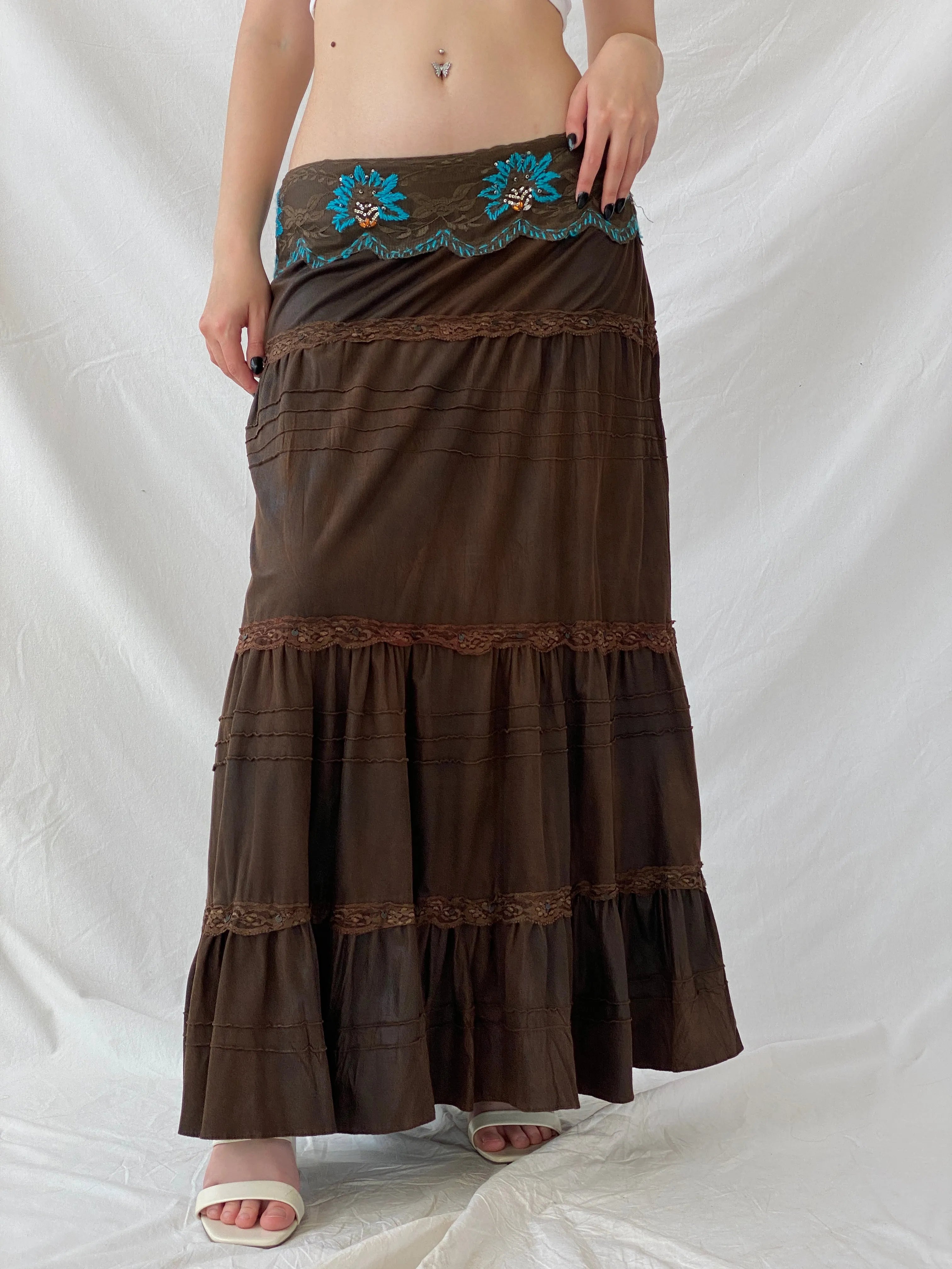 Vintage Whimsygoth Tiered Gypsy Lace Layered Brown Skirt with Blue Floral Embroidery - XL - Balagan Vintage Maxi Skirt Ayah, consignment, Dana, maxi skirt, winter