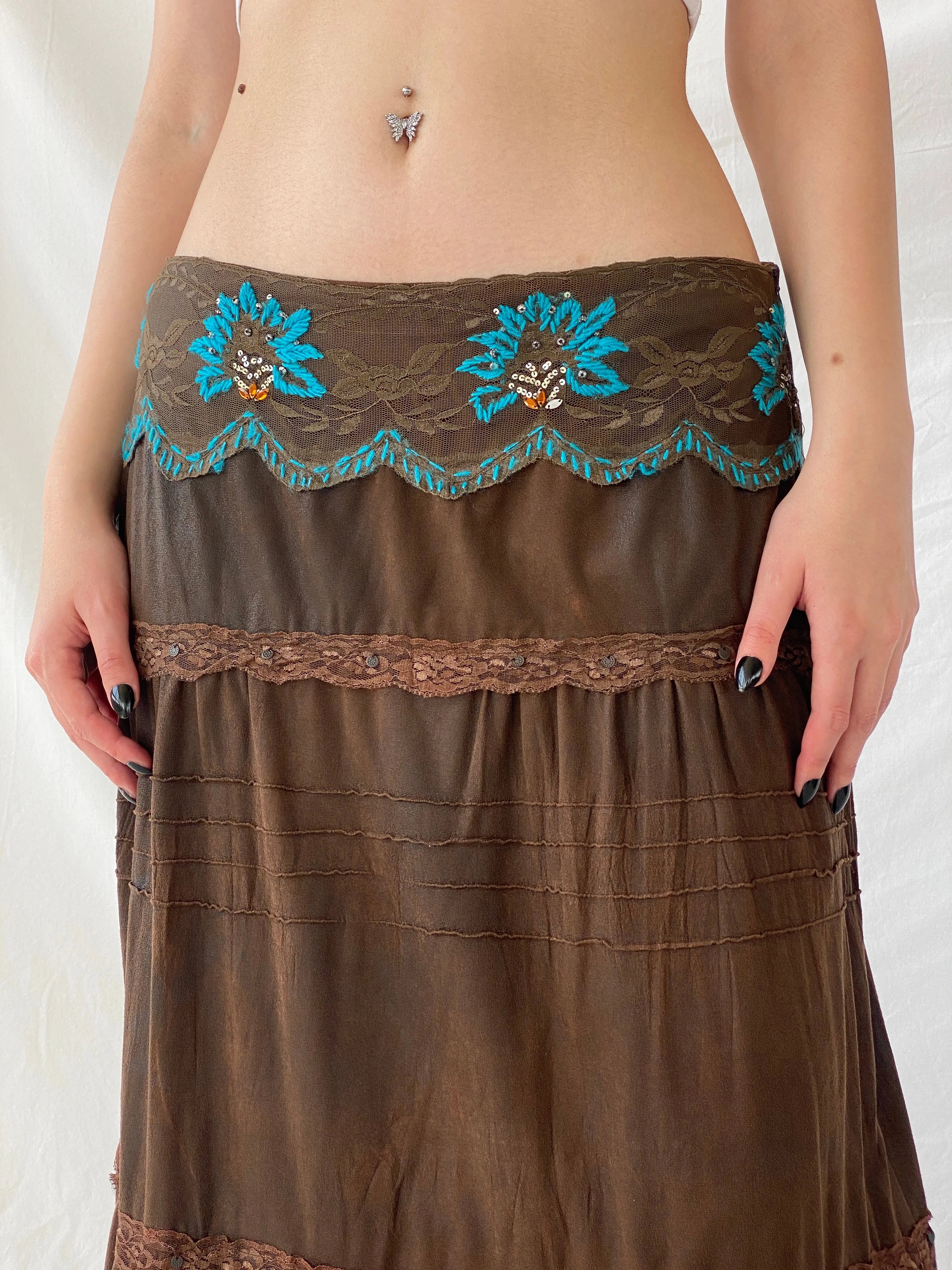 Vintage Whimsygoth Tiered Gypsy Lace Layered Brown Skirt with Blue Floral Embroidery - XL - Balagan Vintage Maxi Skirt Ayah, consignment, Dana, maxi skirt, winter
