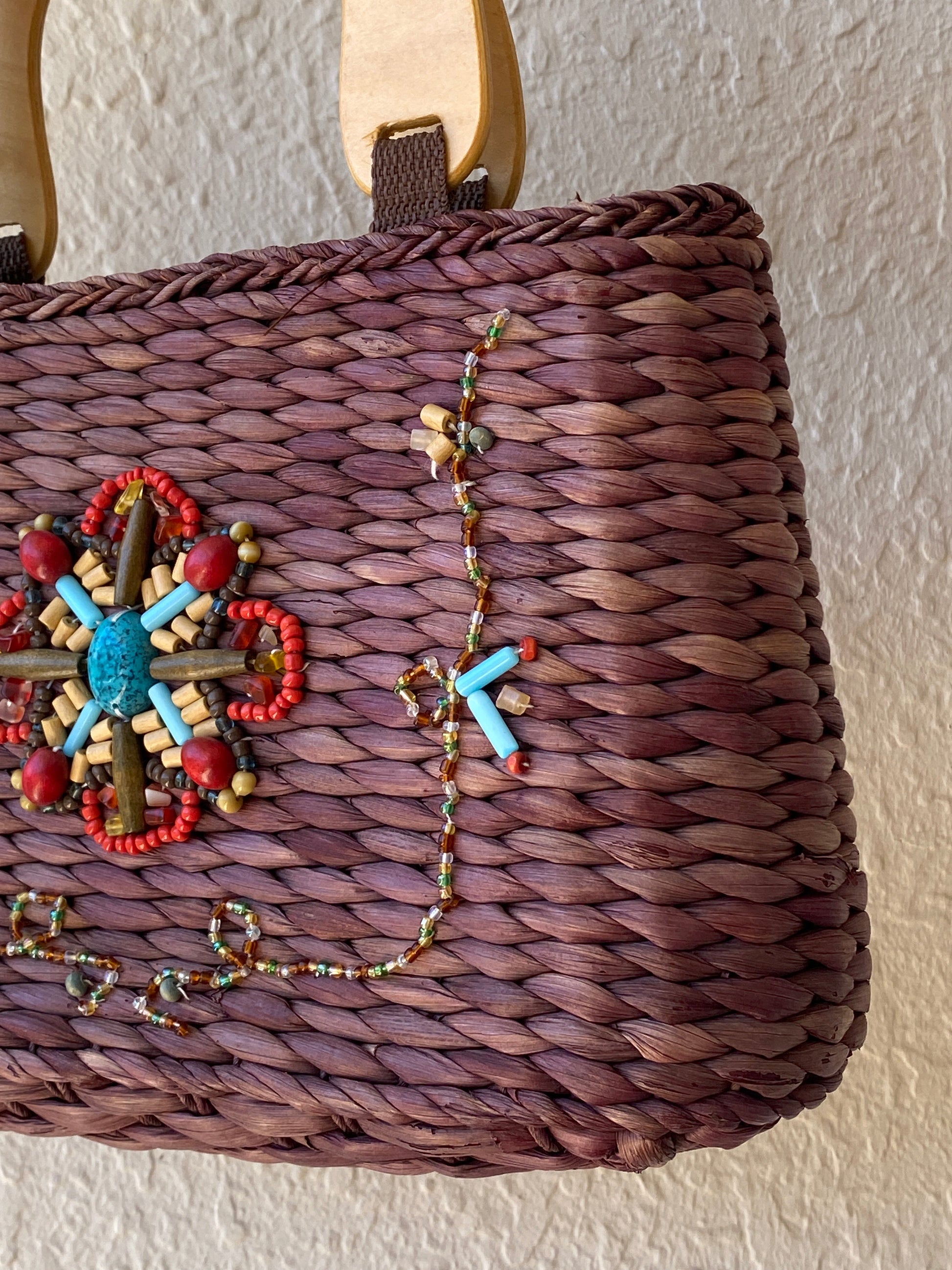 Vintage White Stag Beaded Boho Straw Purse Brown Wood Handle Y2K Brown turquoise Handbag - Balagan Vintage Shoulder Bag 00s, bag, NEW IN, shoulder bag, Y2K