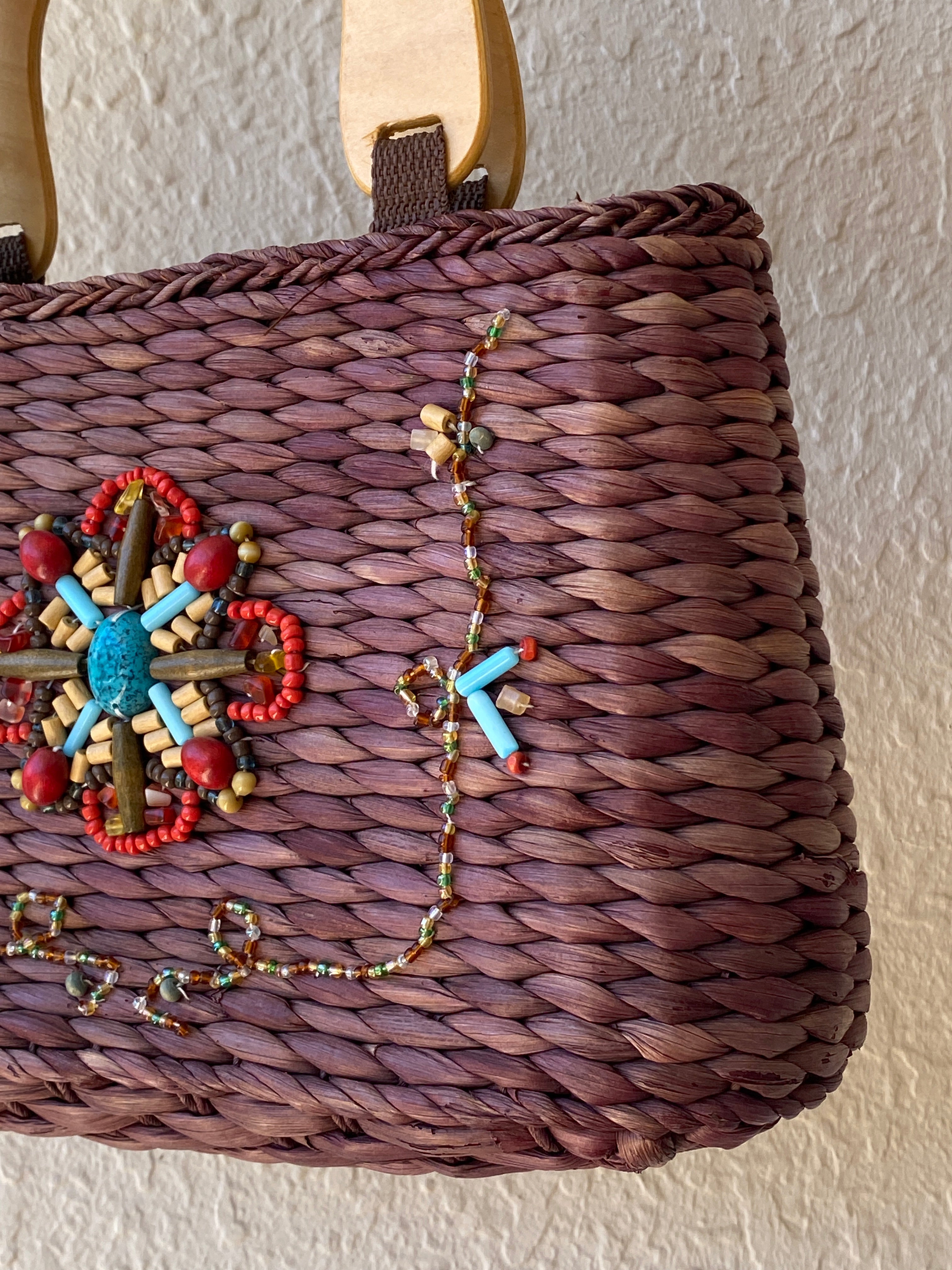 Vintage White Stag Beaded Boho Straw Purse Brown Wood Handle Y2K Brown turquoise Handbag - Balagan Vintage Shoulder Bag 00s, bag, NEW IN, shoulder bag, Y2K
